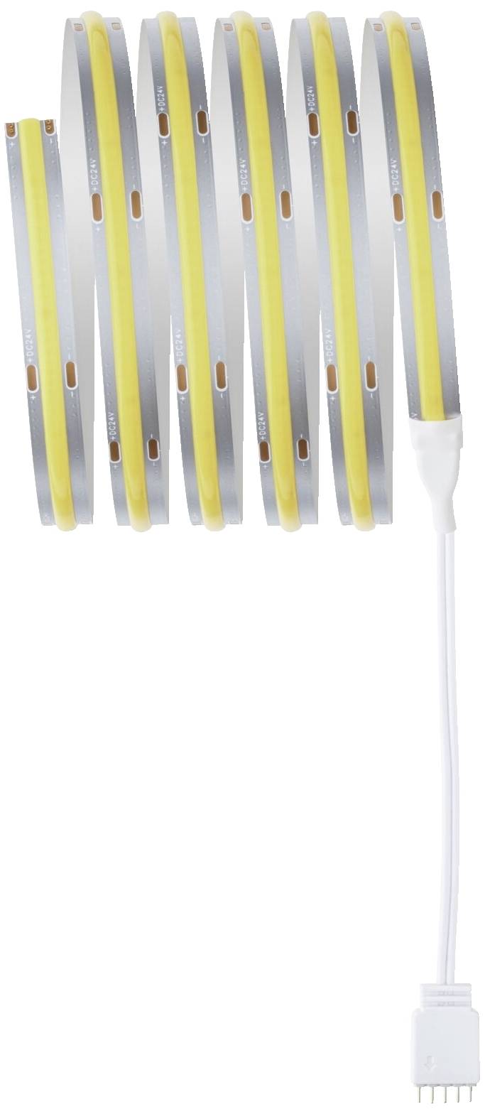 LED-Lichtstreifen mit gelben LEDs auf silbernem Band, gewickelt in sechs Schlaufen. Weiße Anschlussbuchse am Ende.