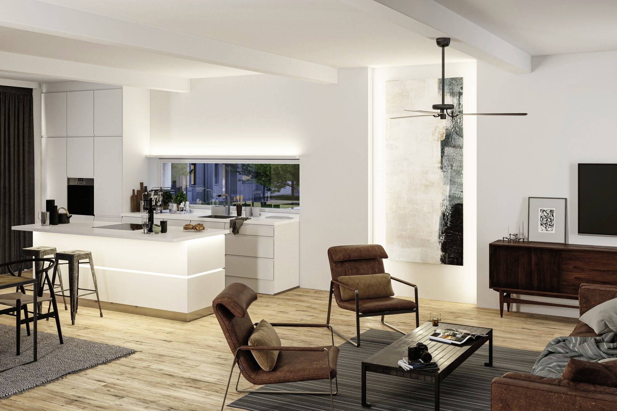 Ein modernes Wohnzimmer mit offener Küche; weiße Möbel, Holzböden, braune Sessel und Dekor; große Fenster und Beleuchtung betonen den Raum.