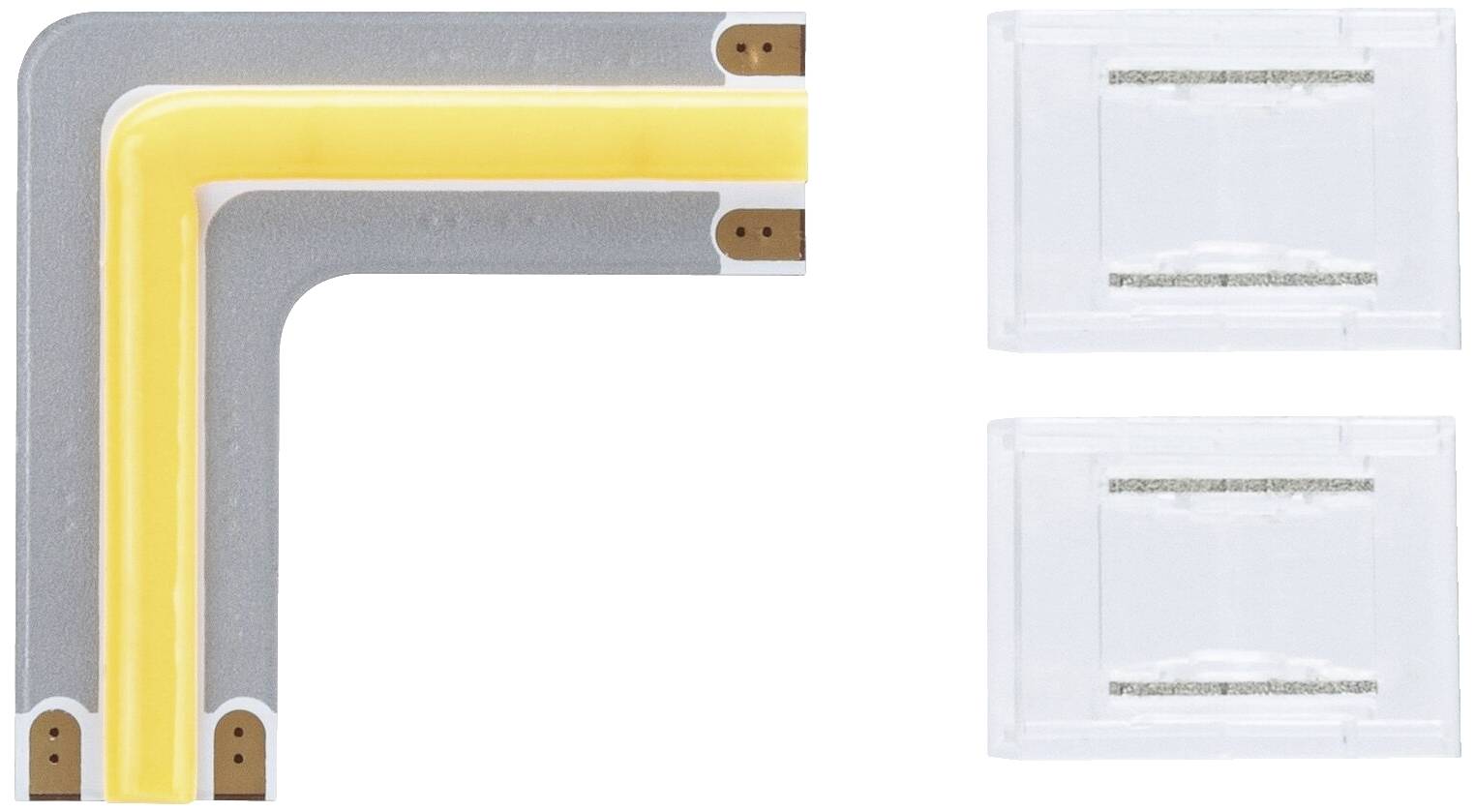 Zwei LED-Streifen-Verbinder: Einer für Eckenverbindungen und zwei gerade Verbinder. Geeignet für flexible Lichtleisteninstallationen.