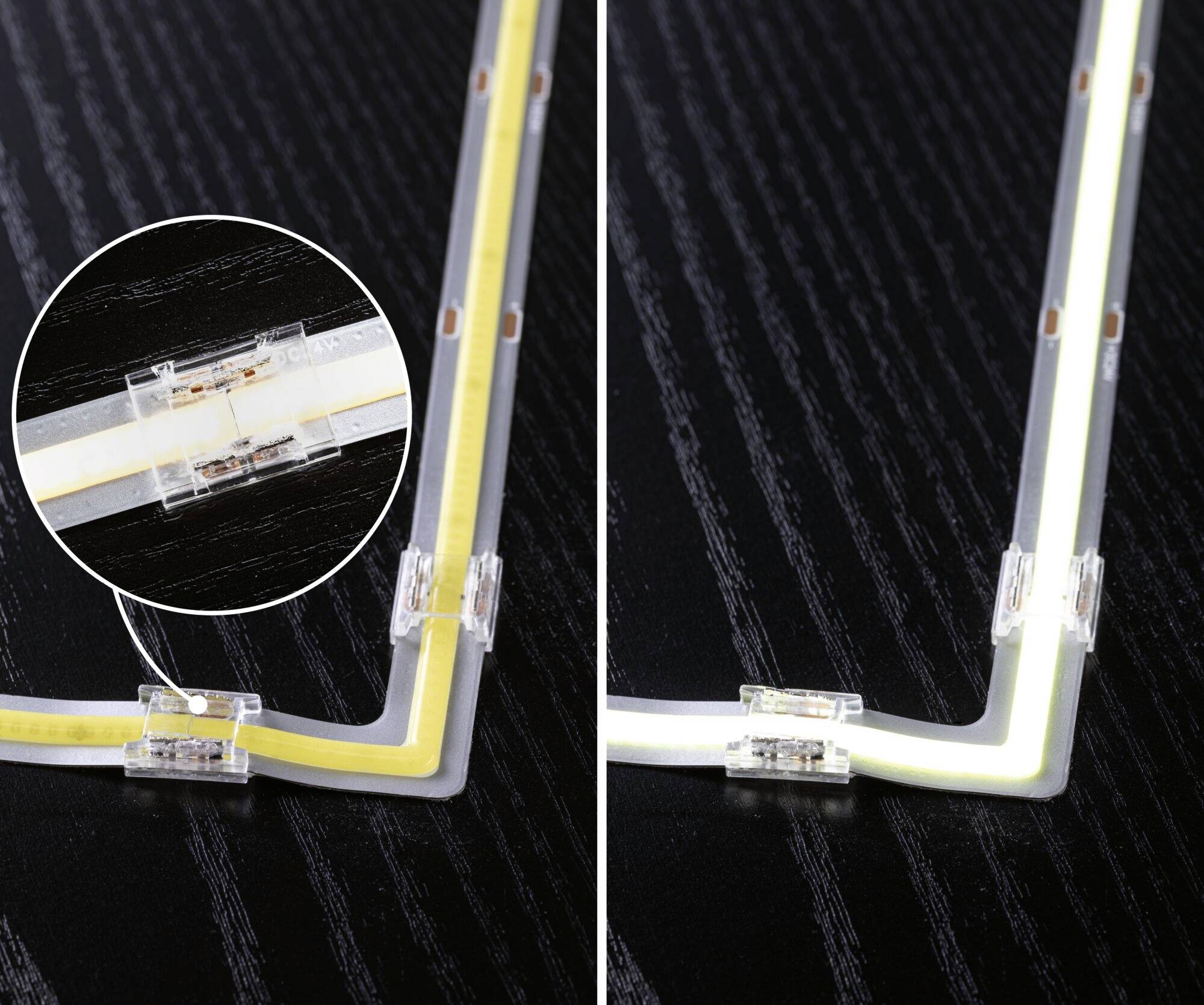 Ein L-förmiges LED-Lichtstreifen-Design auf einem dunklen Hintergrund. Detailaufnahme eines Steckverbinders, der zwei Streifen verbindet.