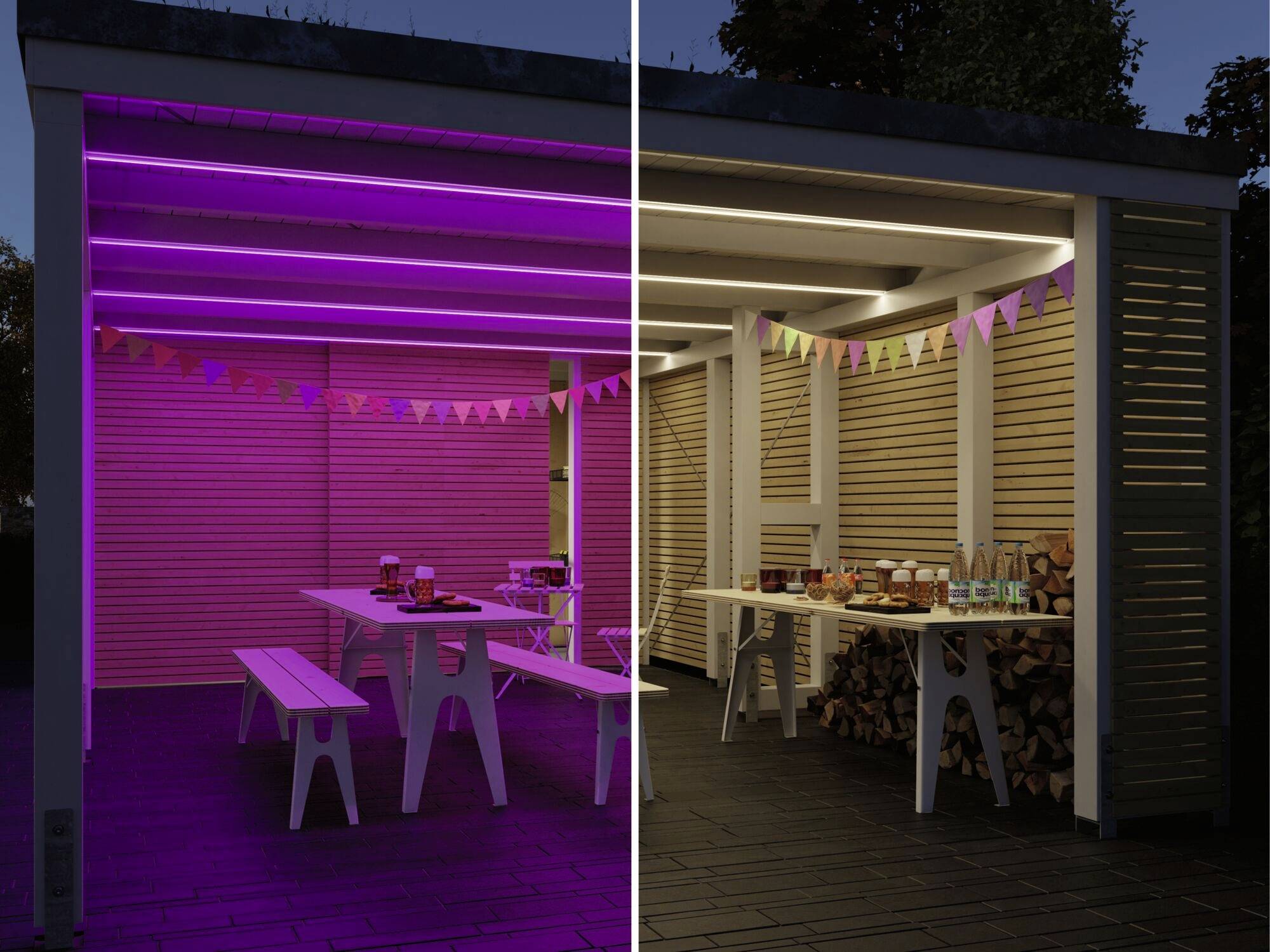 Ein Außenbereich bei Dämmerung zeigt links lila LED-Beleuchtung, rechts warmgelbes Licht. Darunter Bänke und Tische mit Partydekoration.
