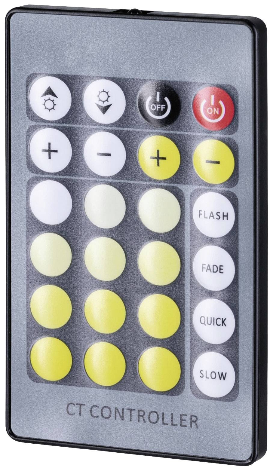Fernbedienung mit Tasten für Helligkeit, Farbwechsel und Lichtmodi wie 'Flash', 'Fade', 'Quick' und 'Slow'.