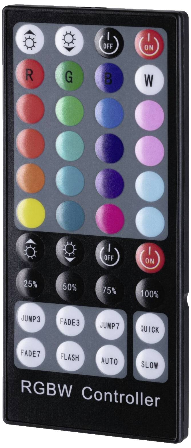 RGBW-Controller-Fernbedienung mit verschiedenen Farb- und Helligkeitstasten sowie Modi wie 'Jump', 'Fade' und 'Auto'.