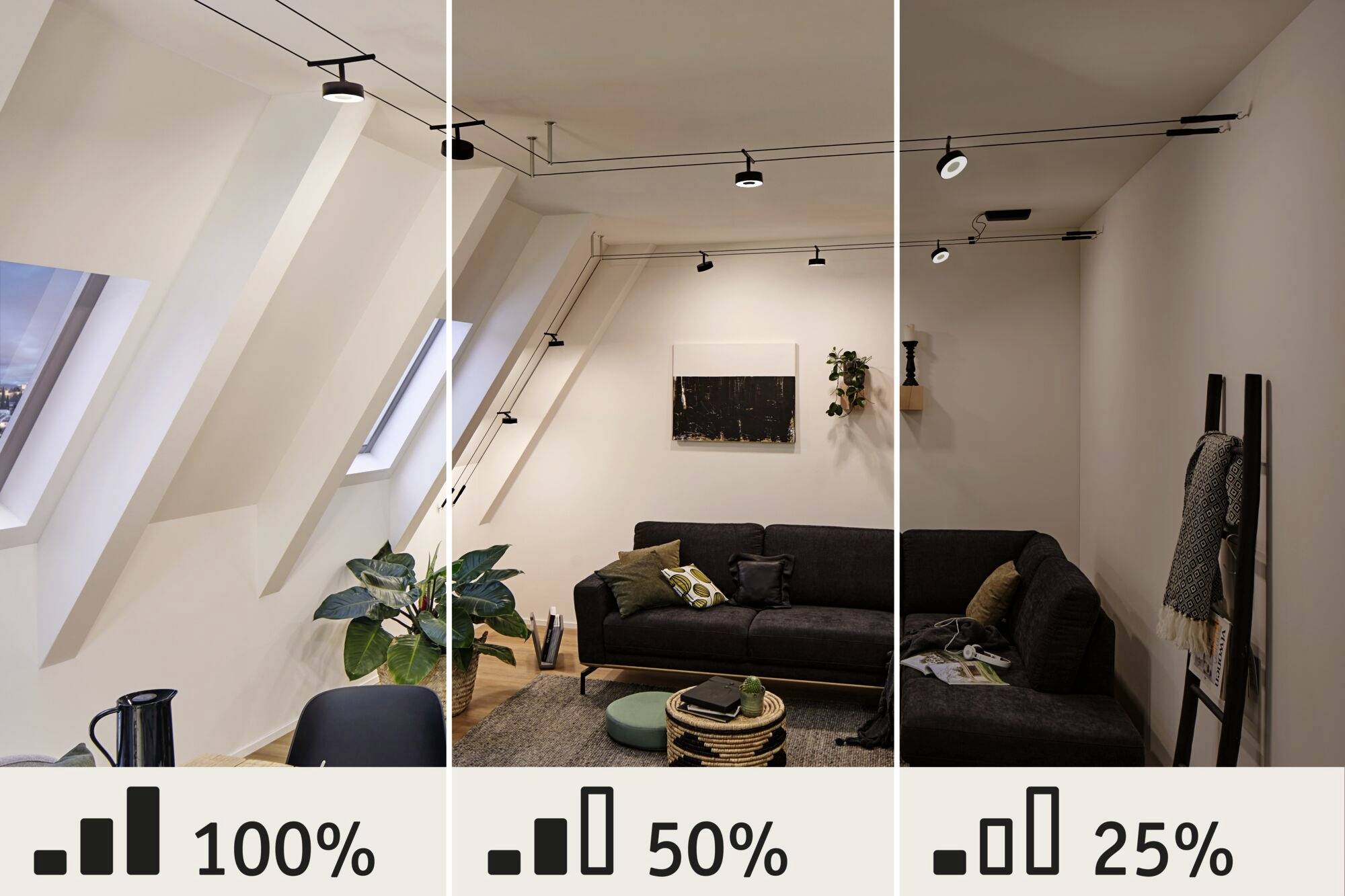 Wohnzimmer mit schrägen Wänden. Drei Beleuchtungszustände: volle Helligkeit, halbe Helligkeit und ein Viertel Helligkeit, dargestellt.