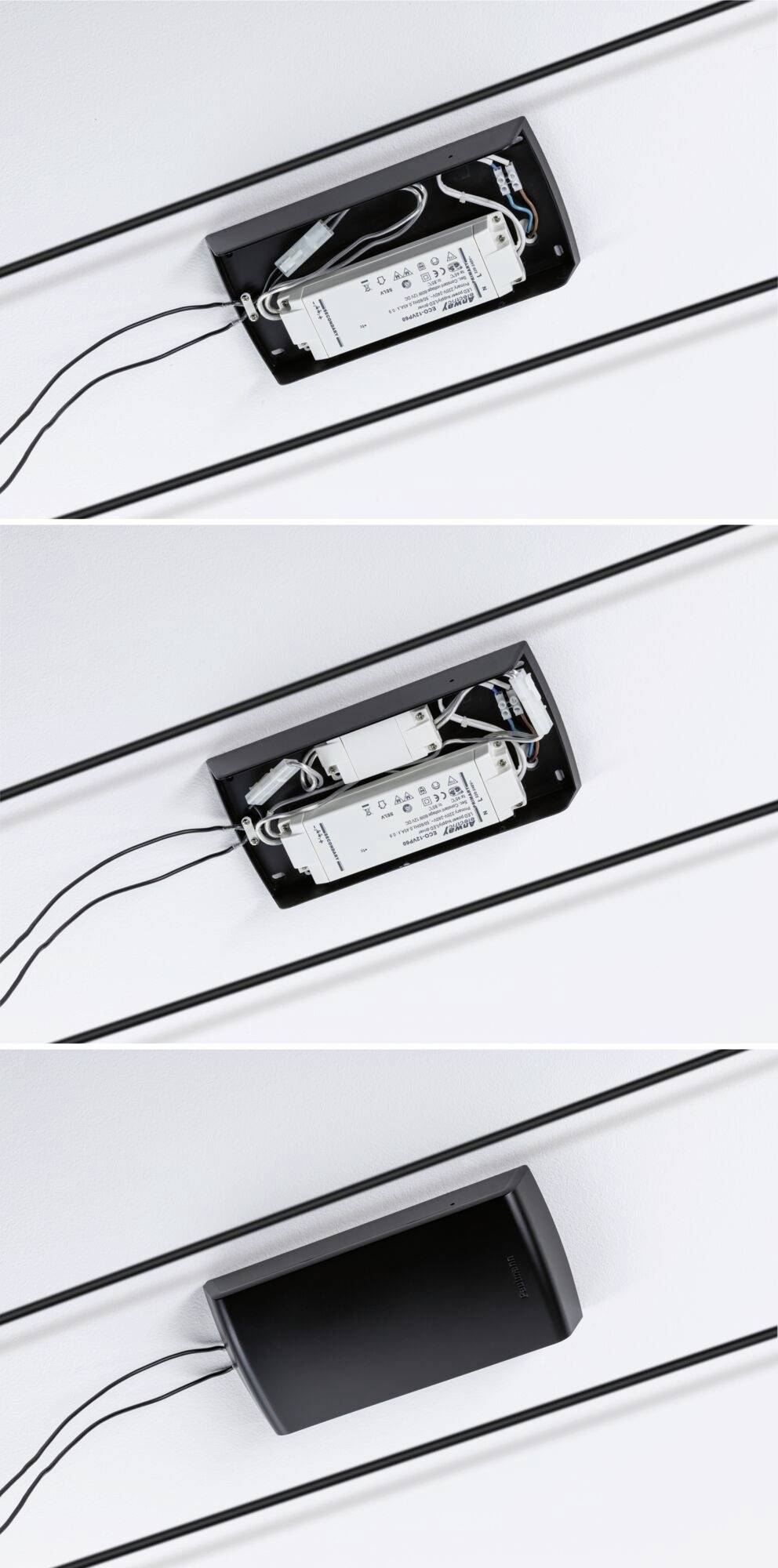 Drei Bilder zeigen die schrittweise Montage eines Kabelmanagementsystems an der Wand. Das System verbirgt Kabel in einem schwarzen Kasten.