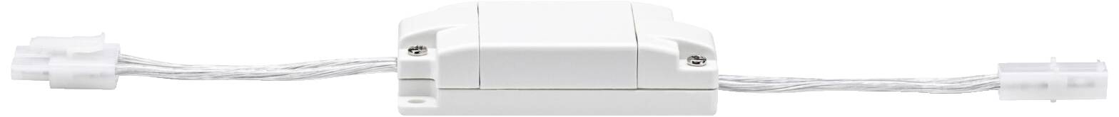 Ein weißer elektrischer Verbinder mit zwei Kabeln, die an beiden Enden angeschlossen sind. Geeignet für die Verbindung von elektrischen Leitungen.