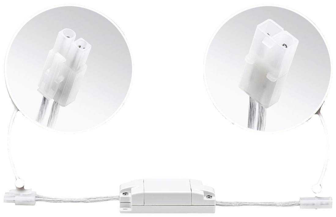 Nahaufnahme einer weißen elektrischen Steckverbindung mit transparenten Kabeln und zwei runden Steckern in den Vergrößerungen.