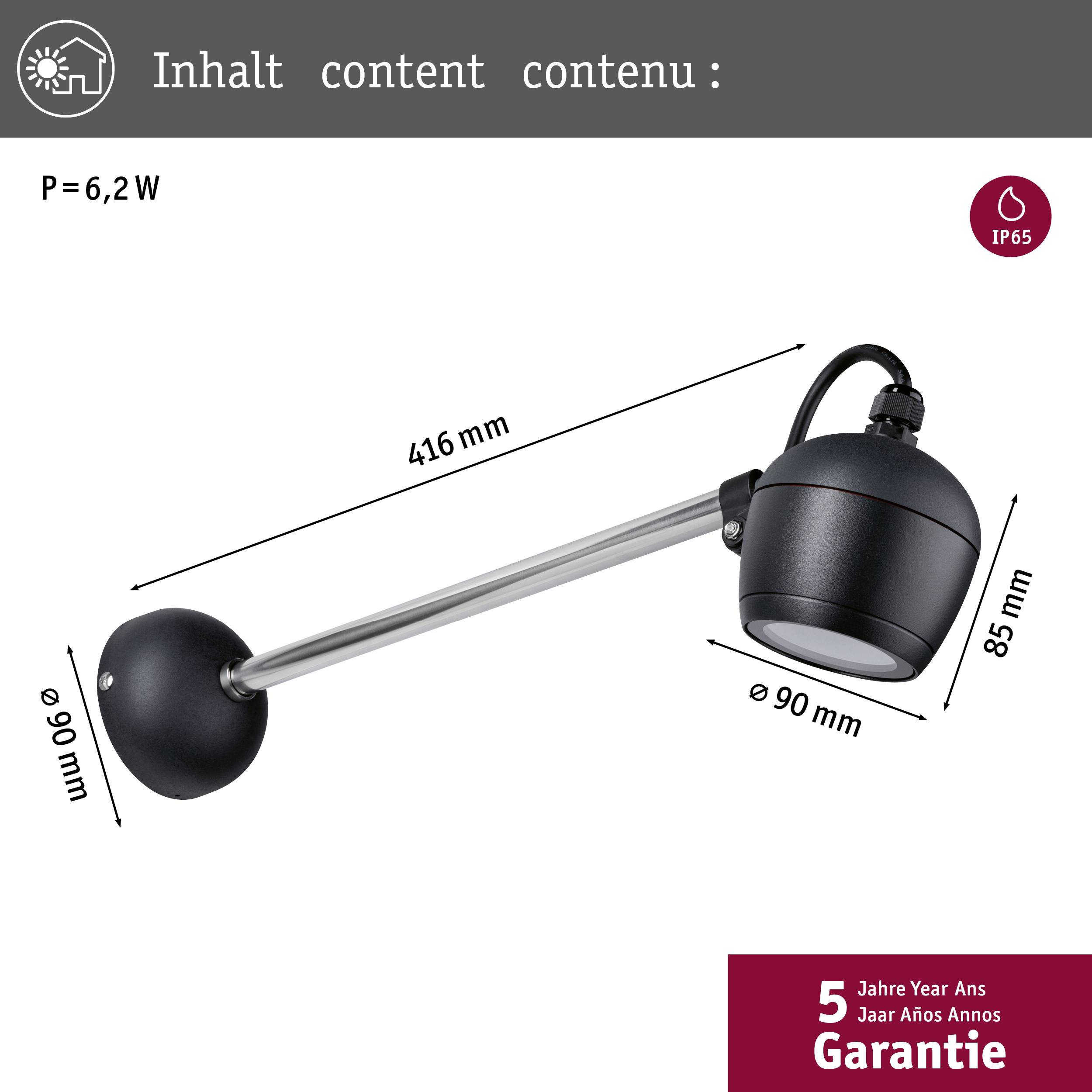 Lampendesign mit IP65, 6,2 W; Maße: Arme 416 mm, Kopf 90 mm x 85 mm. 5 Jahre Garantie.