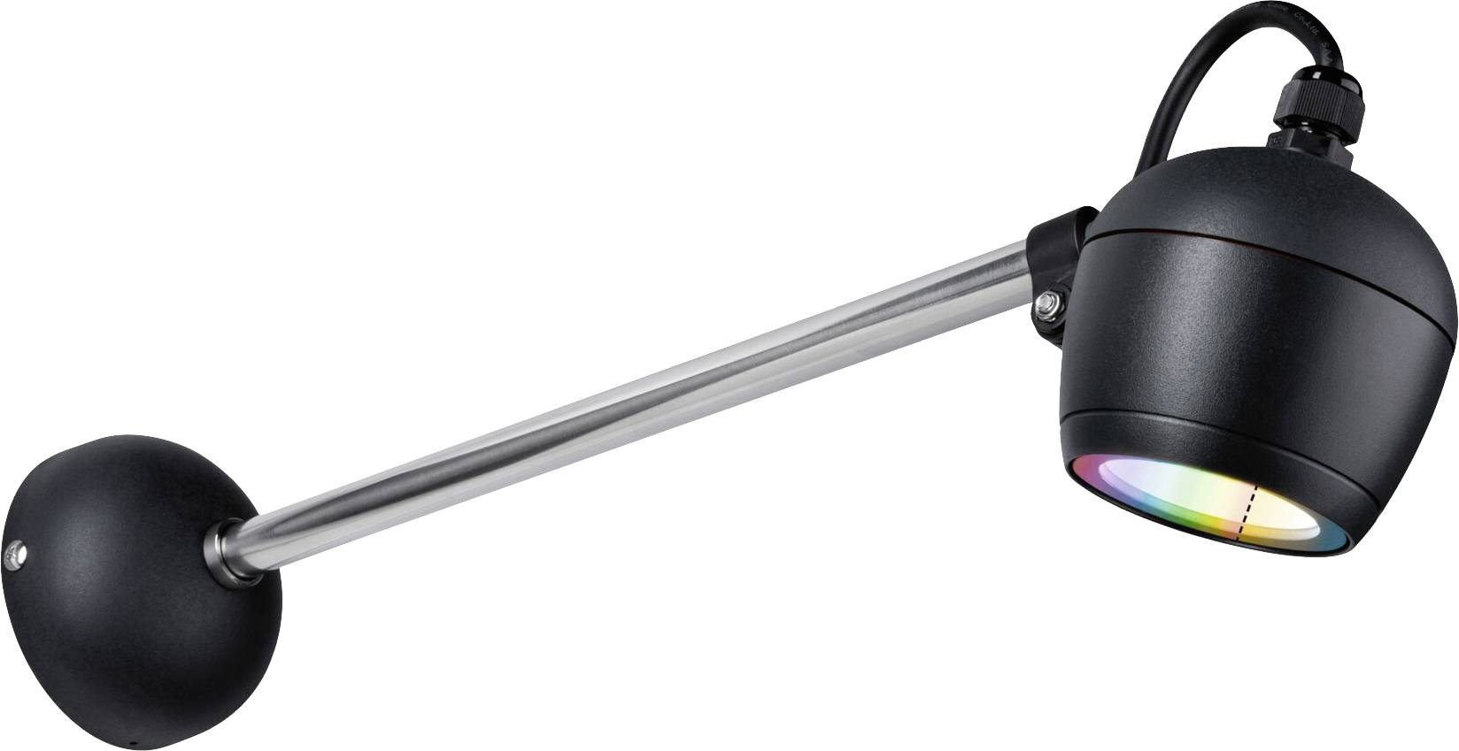 Schwarze moderne LED-Wandleuchte mit rundem Kopf und einem gebogenen Arm. Der Kopf zeigt einen sichtbaren Lichtreflex mit Regenbogenfarben.