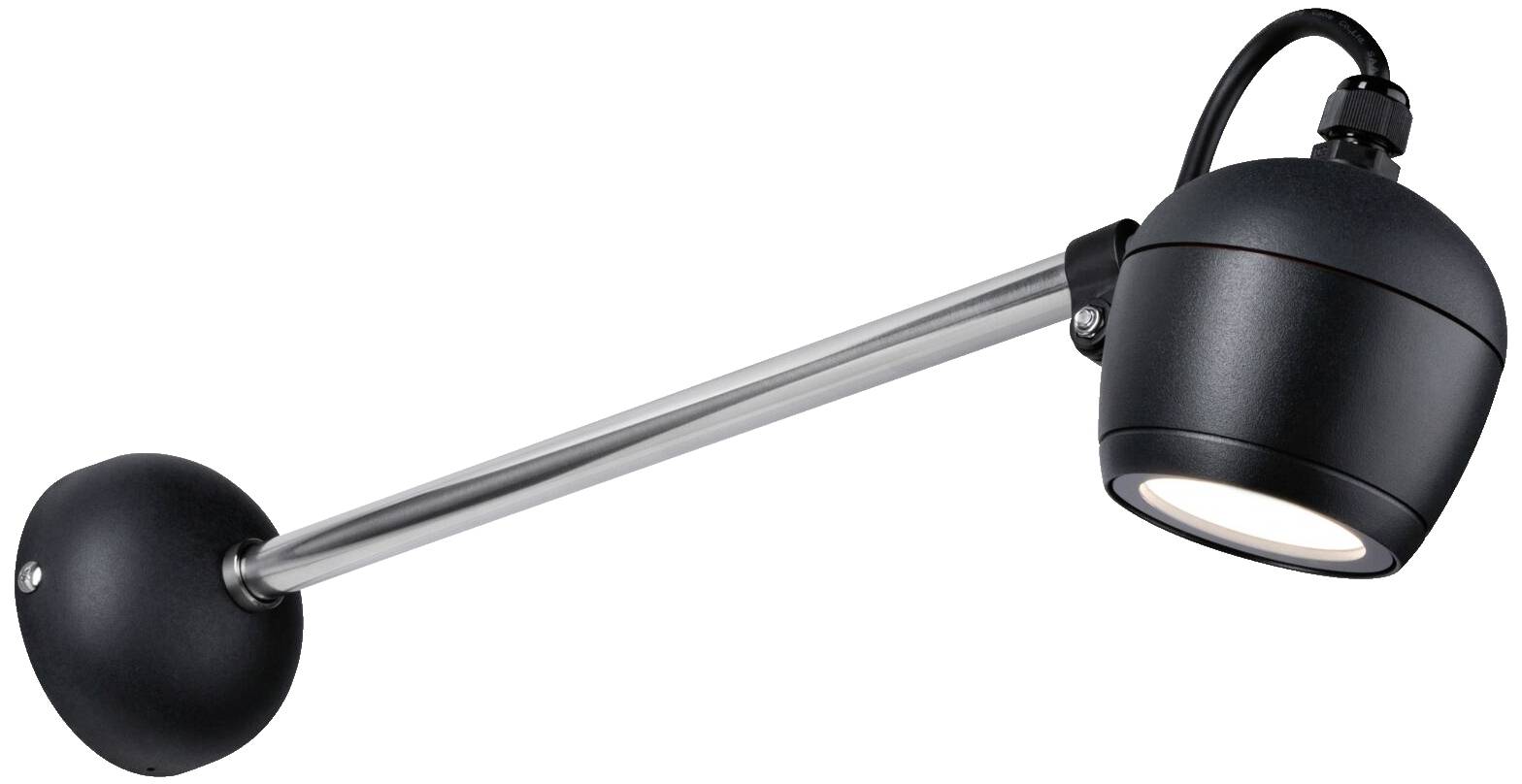 Schwarzes LED-Wandleuchtensystem mit langem Metallarm und rundem Leuchtkopf, geeignet für gezielte Beleuchtung.