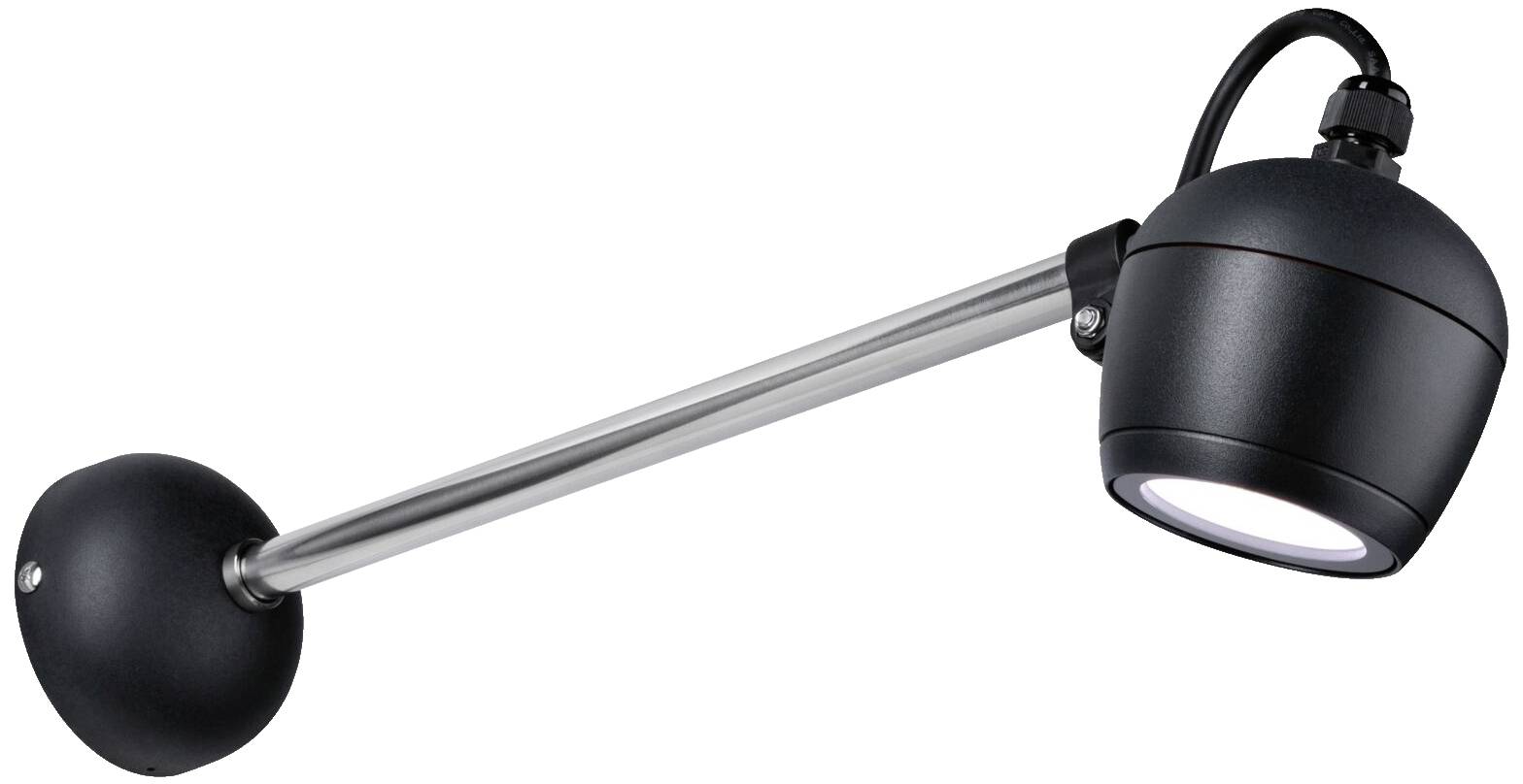 Schwarze Wandleuchte mit rundem Kopf und geradem, silbernem Arm, montiert auf einer schwarzen Halterung. Beleuchtungsteil leuchtet weich.