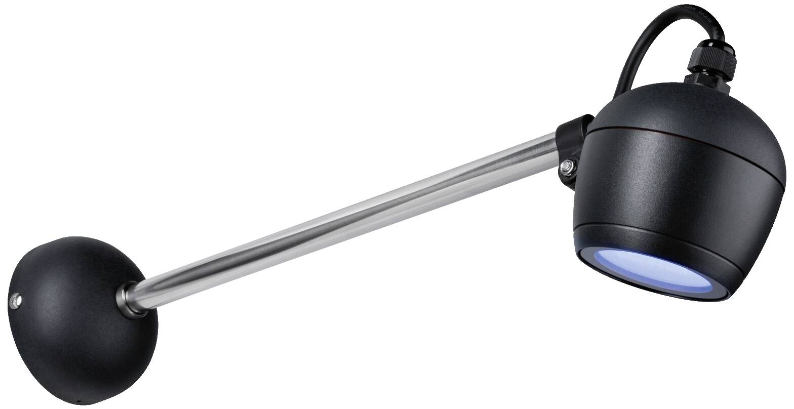 Schwarzer, moderner Strahler mit gebogenem Arm und Befestigung für Wände oder Decken, leuchtet nach unten mit blauem Licht.