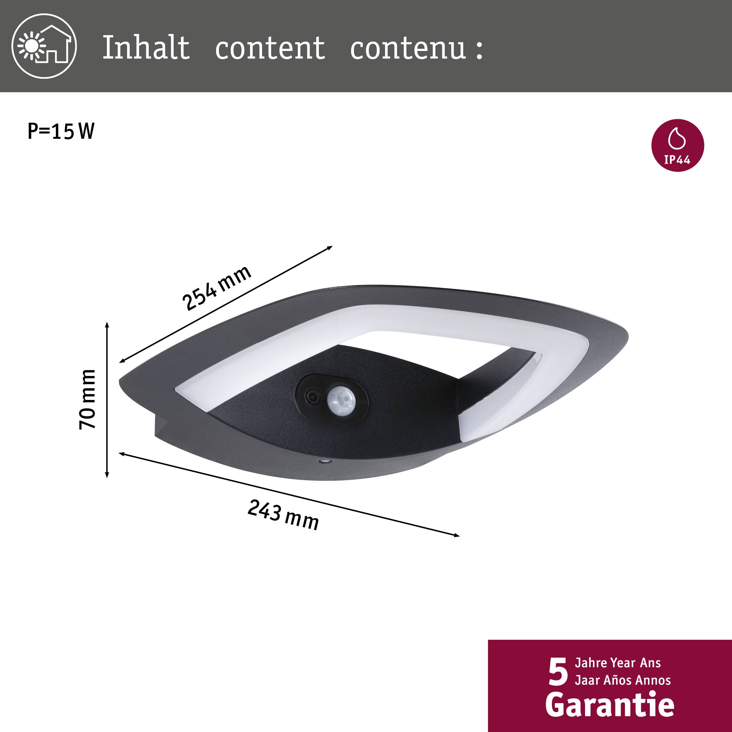 Abbildung einer Deckenleuchte. Rechteckiges Design, schwarz-weiß, mit Bewegungsmelder. Energieverbrauch: 15W. 5 Jahre Garantie.