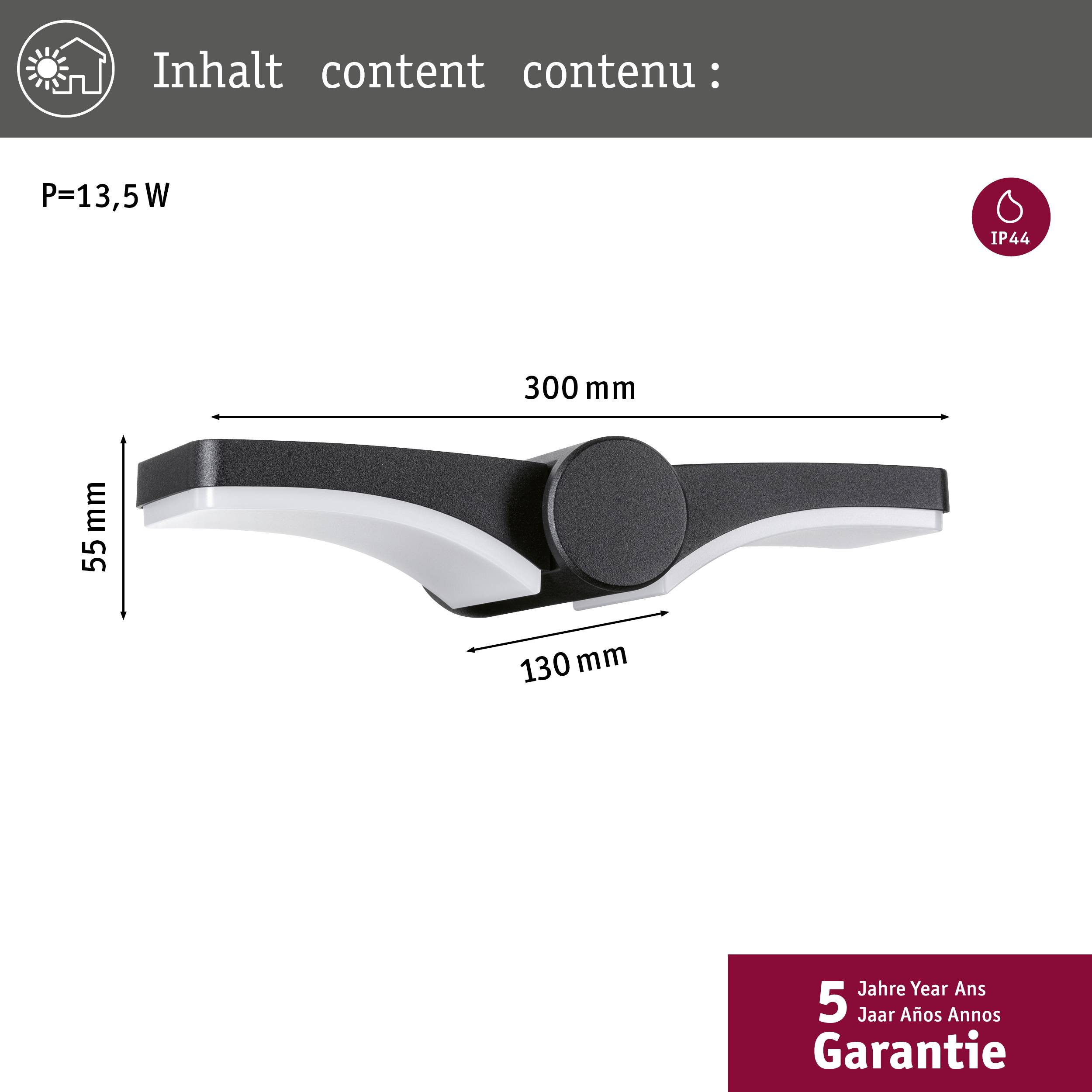Wandleuchte mit 13,5W Leistung, Maße: 300x55x130 mm. Geeignet für IP44, inklusive 5 Jahre Garantie.