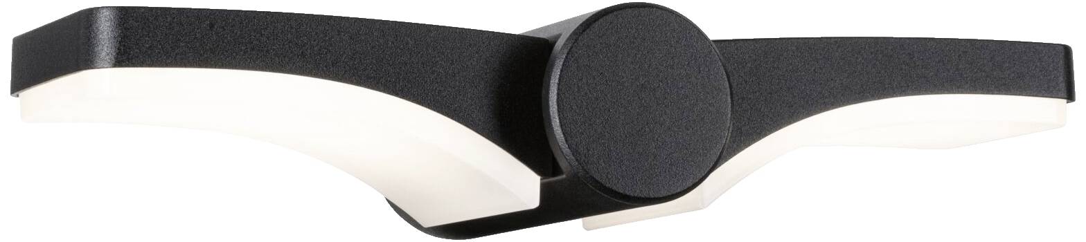 Eine moderne schwarze Wandlampe mit zwei geschwungenen Armen, die gleichmäßig weißes Licht nach oben und unten abstrahlen. Geeignet für Innenräume.