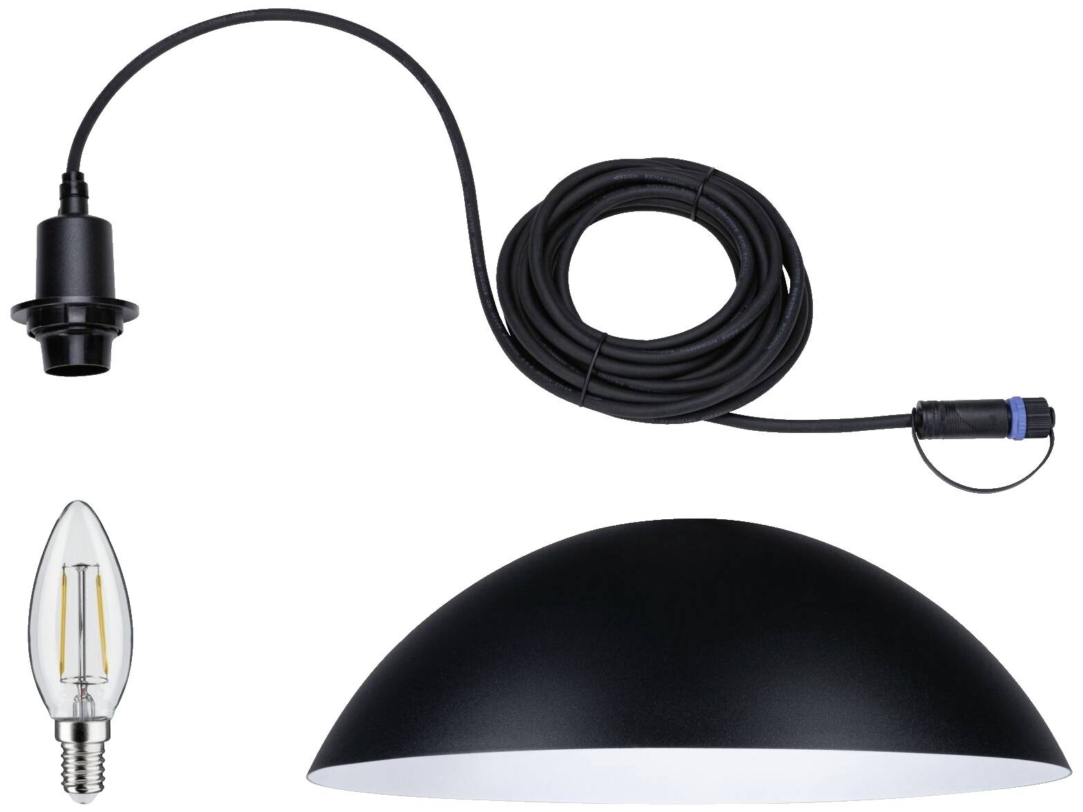 Schwarze Pendelleuchte mit Kabel und Fassung, Glühbirne in Kerzenform und einer halbrunden Metall-Abdeckung.