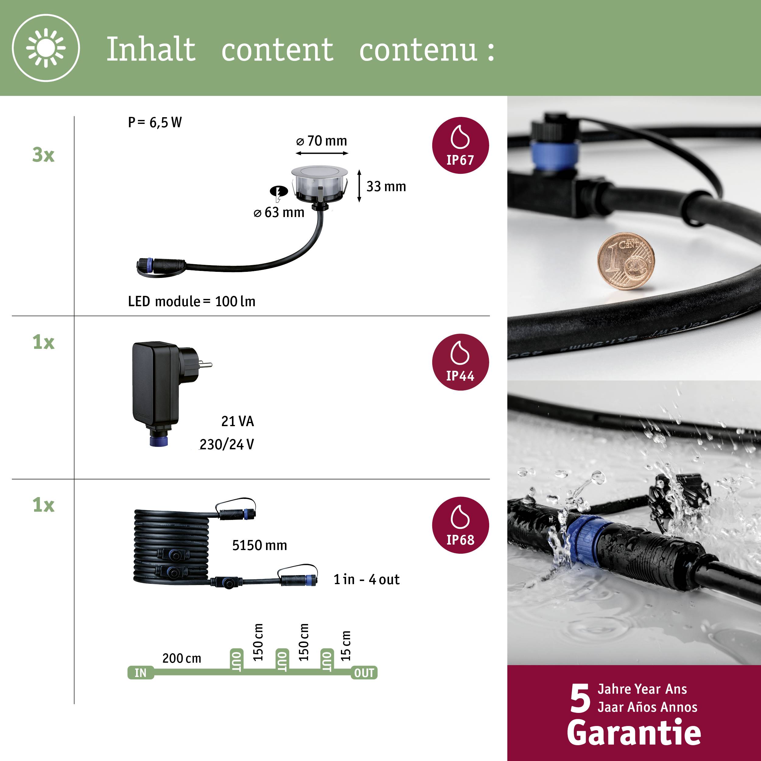 Paulmann 94752 Beleuchtungssystem Plug & Shine LED-Außeneinbauleuchten (Basis-Set) LED 6W Warmweiß Edelstahl