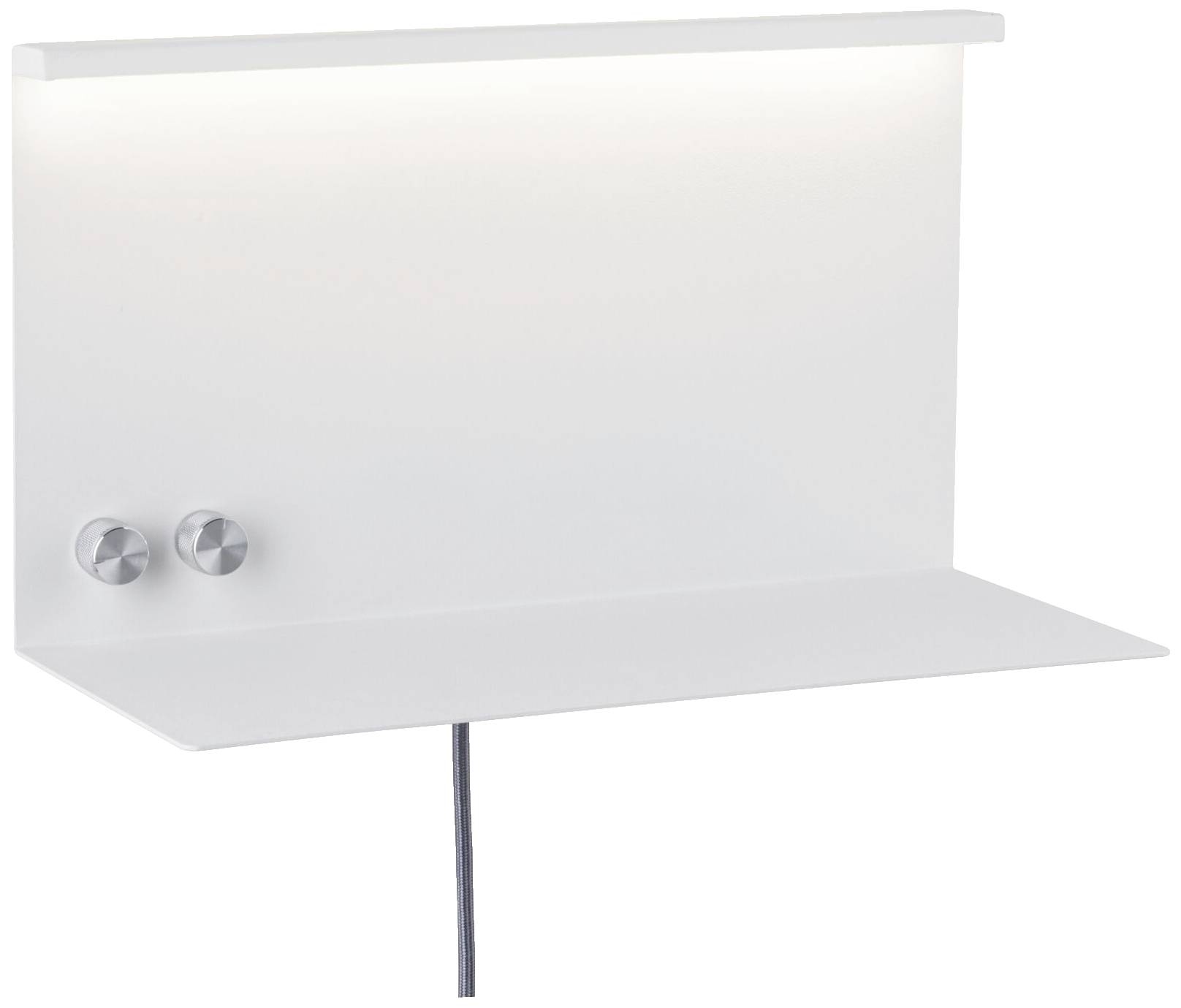 Weiße Wandleuchte mit zwei silbernen Drehknöpfen und integriertem Regal, dezente Beleuchtung, modernes schlichtes Design.