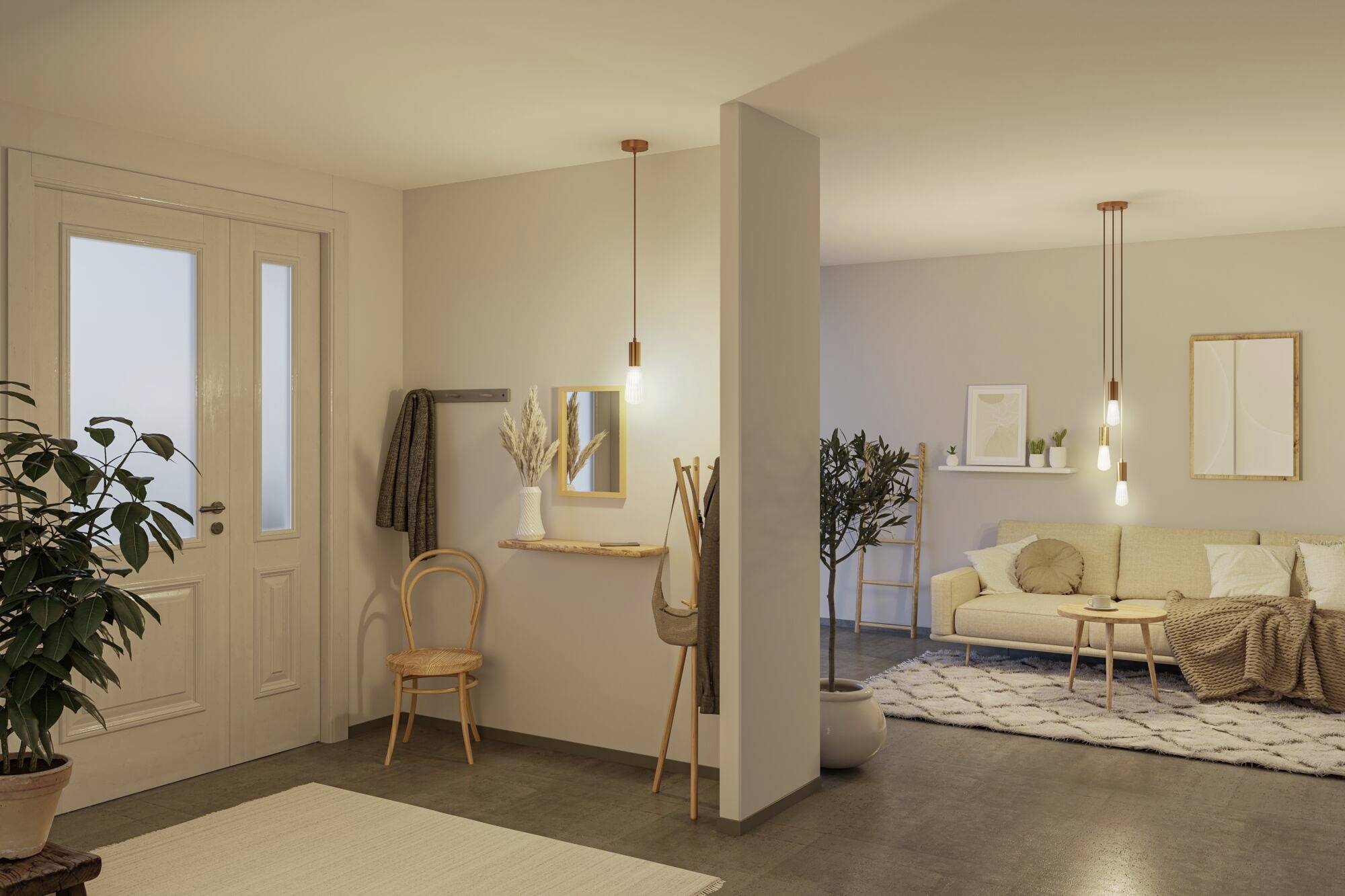 Gemütliches Wohnzimmer mit Sofa, Couchtisch und warmem Licht. Holzakzente und Pflanzen schaffen eine einladende Atmosphäre.
