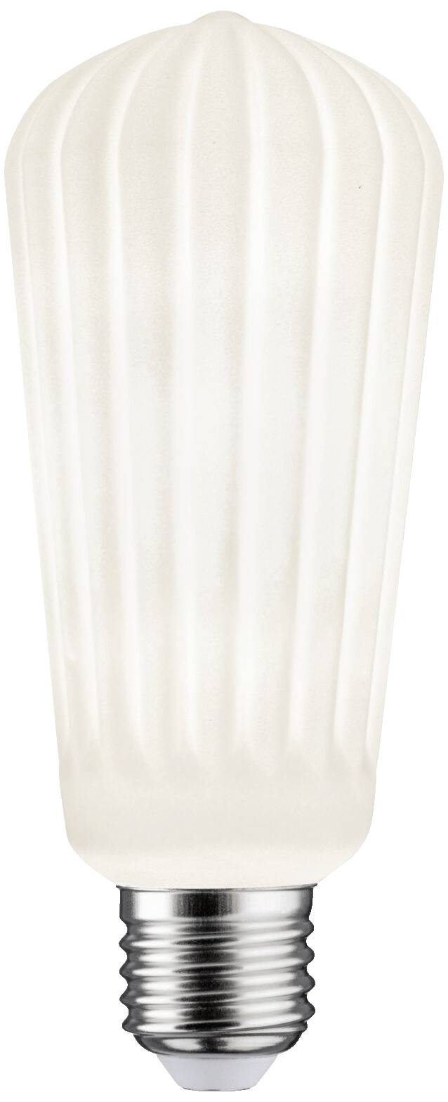Weiße, strukturierte Glühbirne mit metallisch silbernem Sockel, die ein modernes Design aufweist.