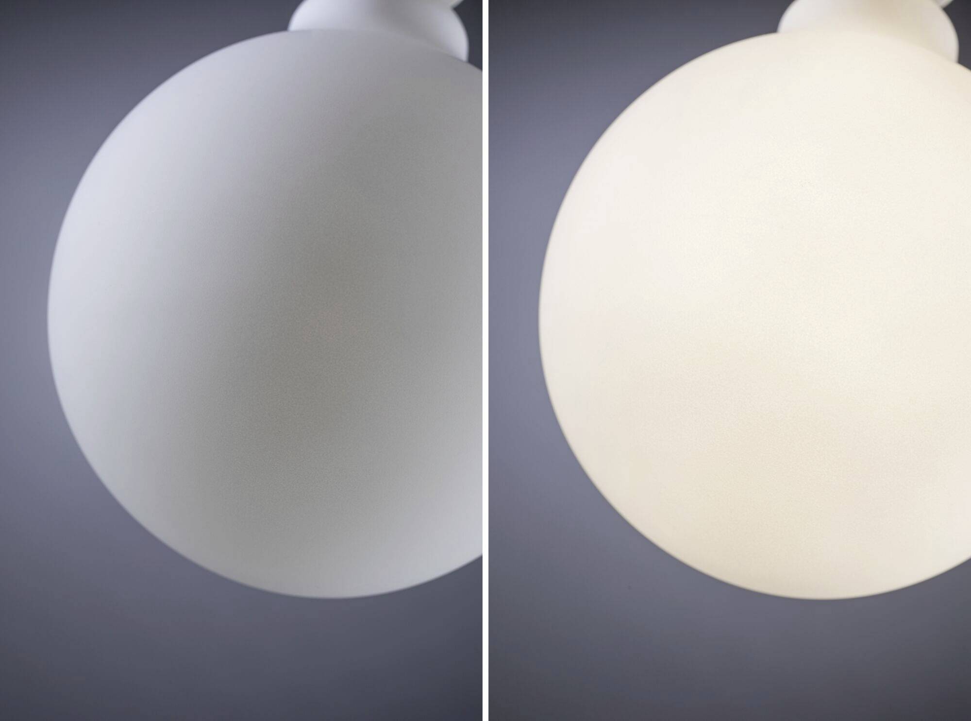 Zwei Lampen, links aus und rechts eingeschaltet, zeigen den Unterschied in Beleuchtung und Helligkeit.