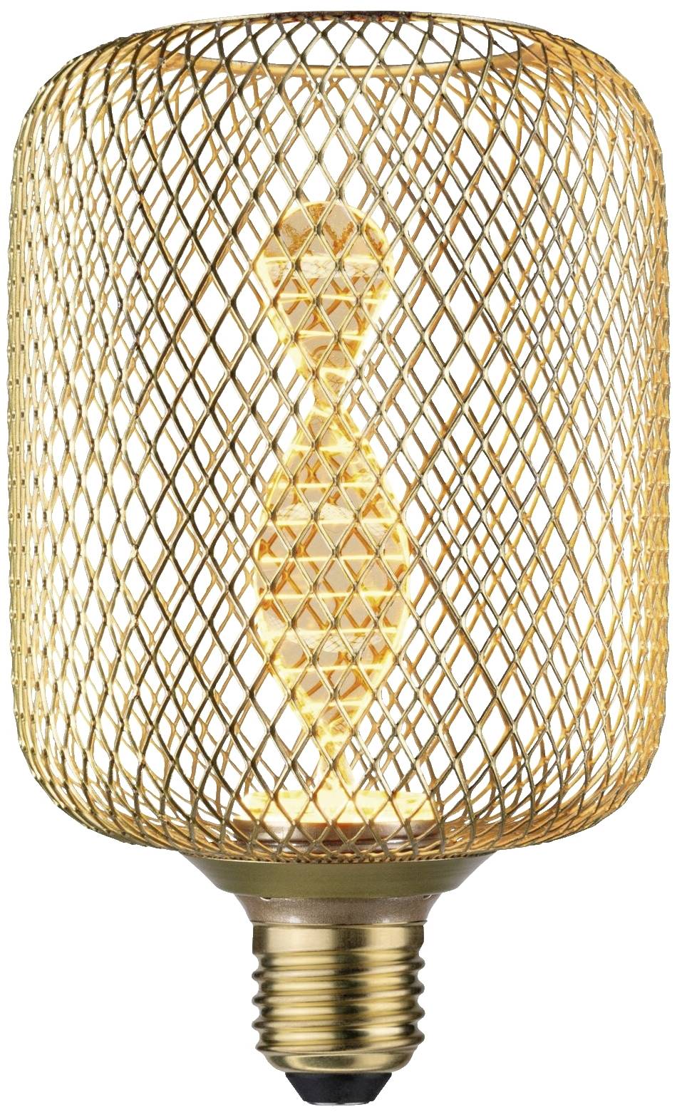 Dekorative Glühbirne mit goldenem Gittermuster. Die Glühbirne leuchtet warm und erzeugt ein stimmungsvolles Licht.