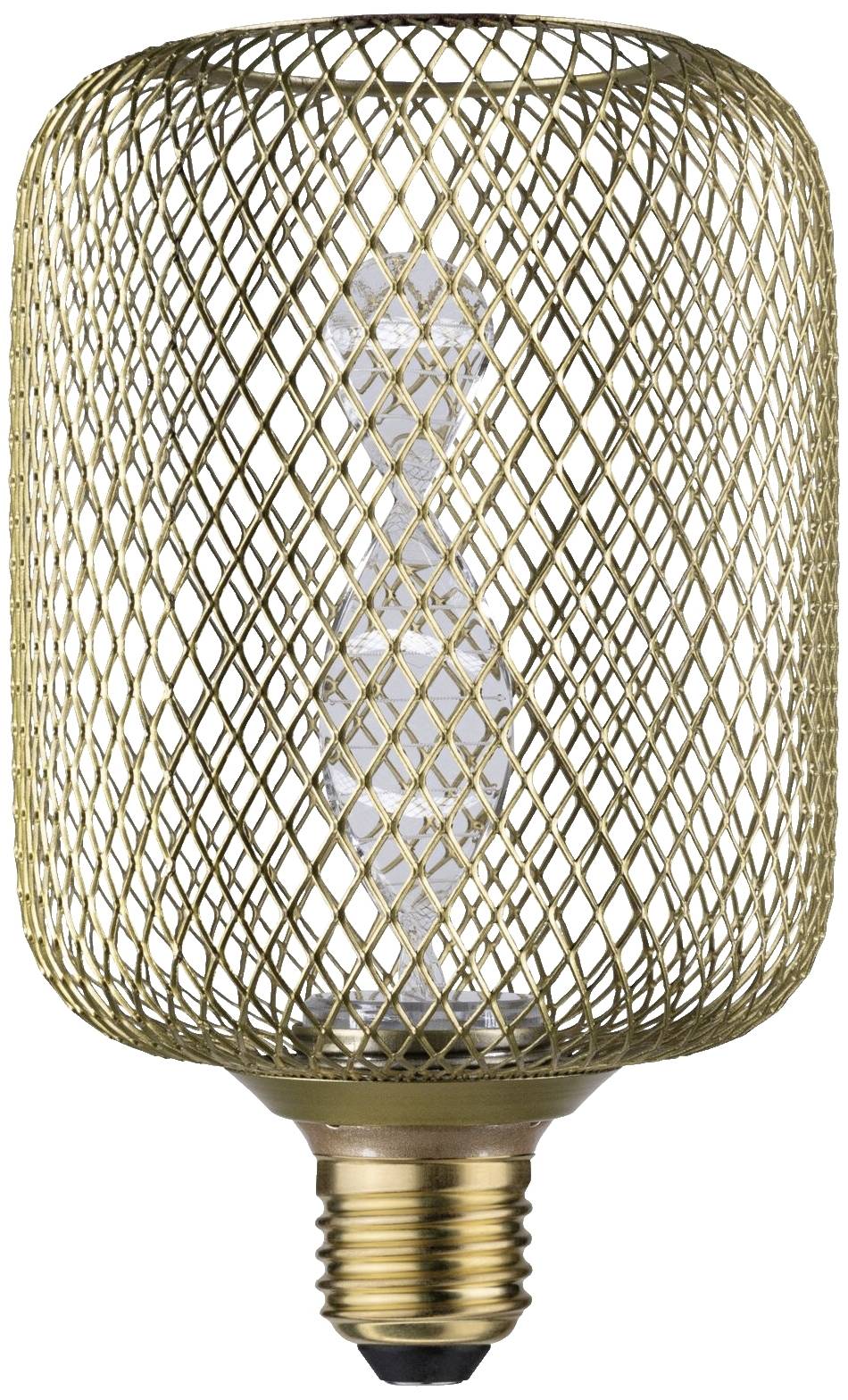 Eine dekorative Glühbirne mit einem goldenen Drahtgittermuster, das ein modernes Design zeigt.