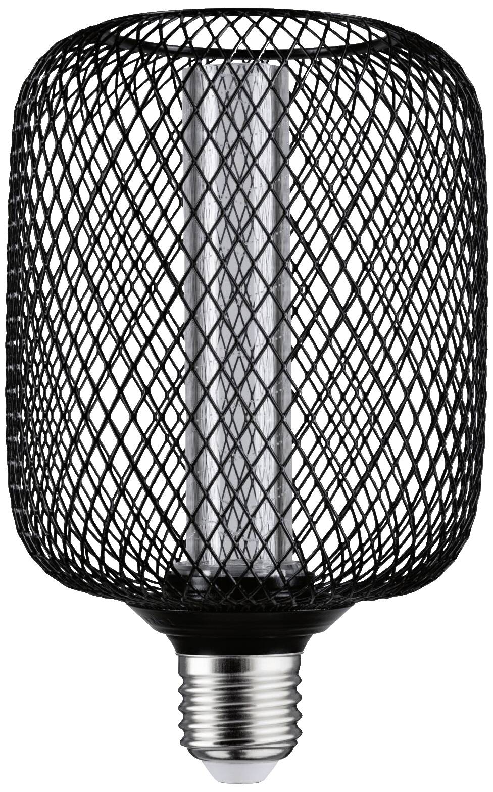 Eine Glühbirne mit schwarzem Metallgitter, die ein industrielles Design zeigt. Sie hat eine Edison-Fassung und klare Glaskonstruktion.