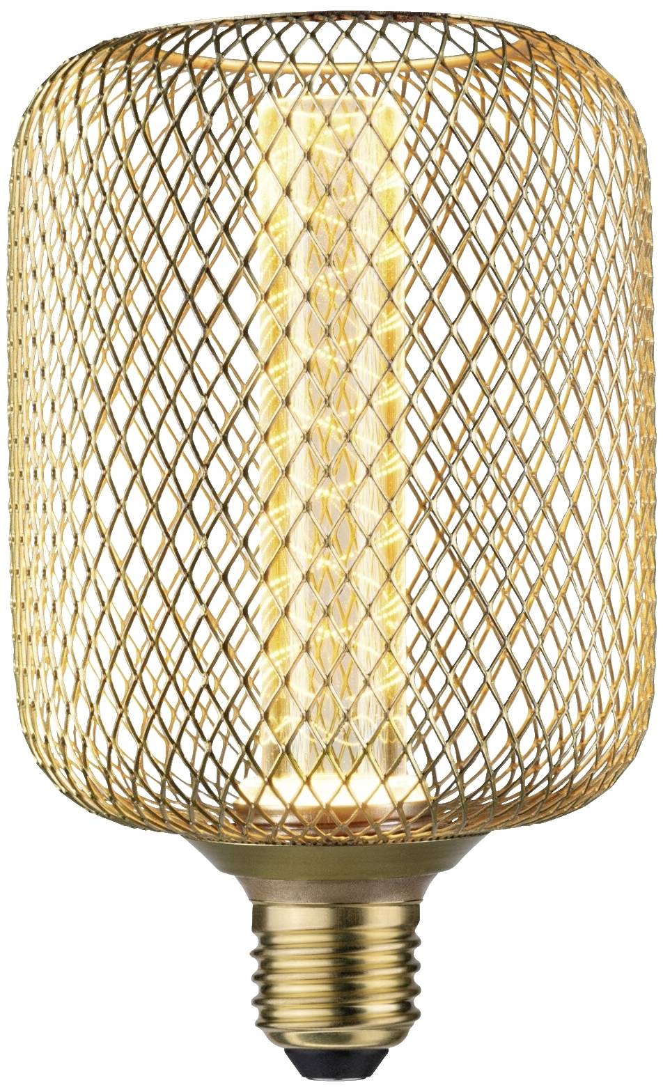 Ein stilvolles, goldfarbenes Birnenlicht mit einem dekorativen Gitterdesign und warmem Leuchten aus der Mitte.