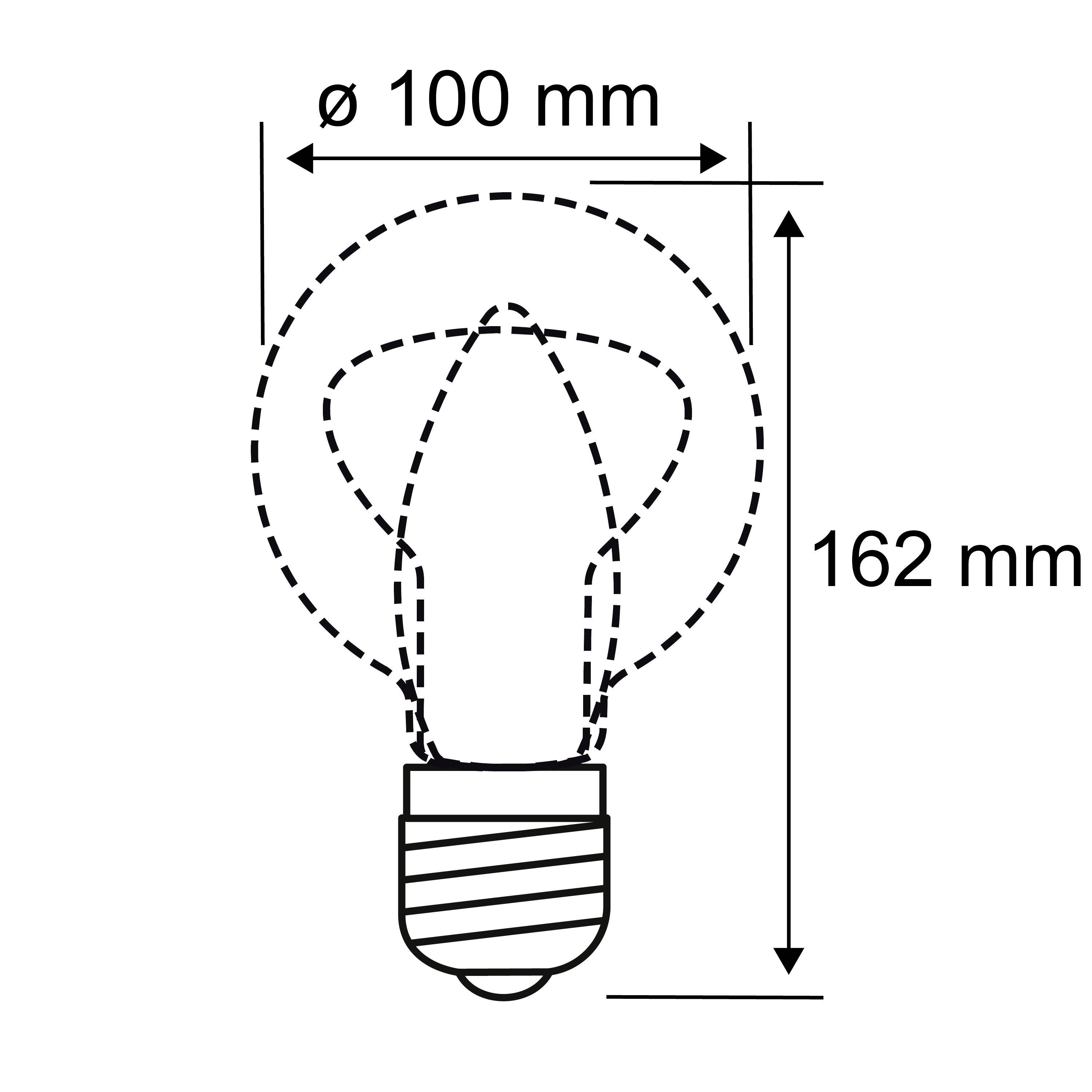 Zeichnung einer Glühbirne mit Maßangaben: Durchmesser 100 mm, Höhe 162 mm. Die Glühbirne steht senkrecht.