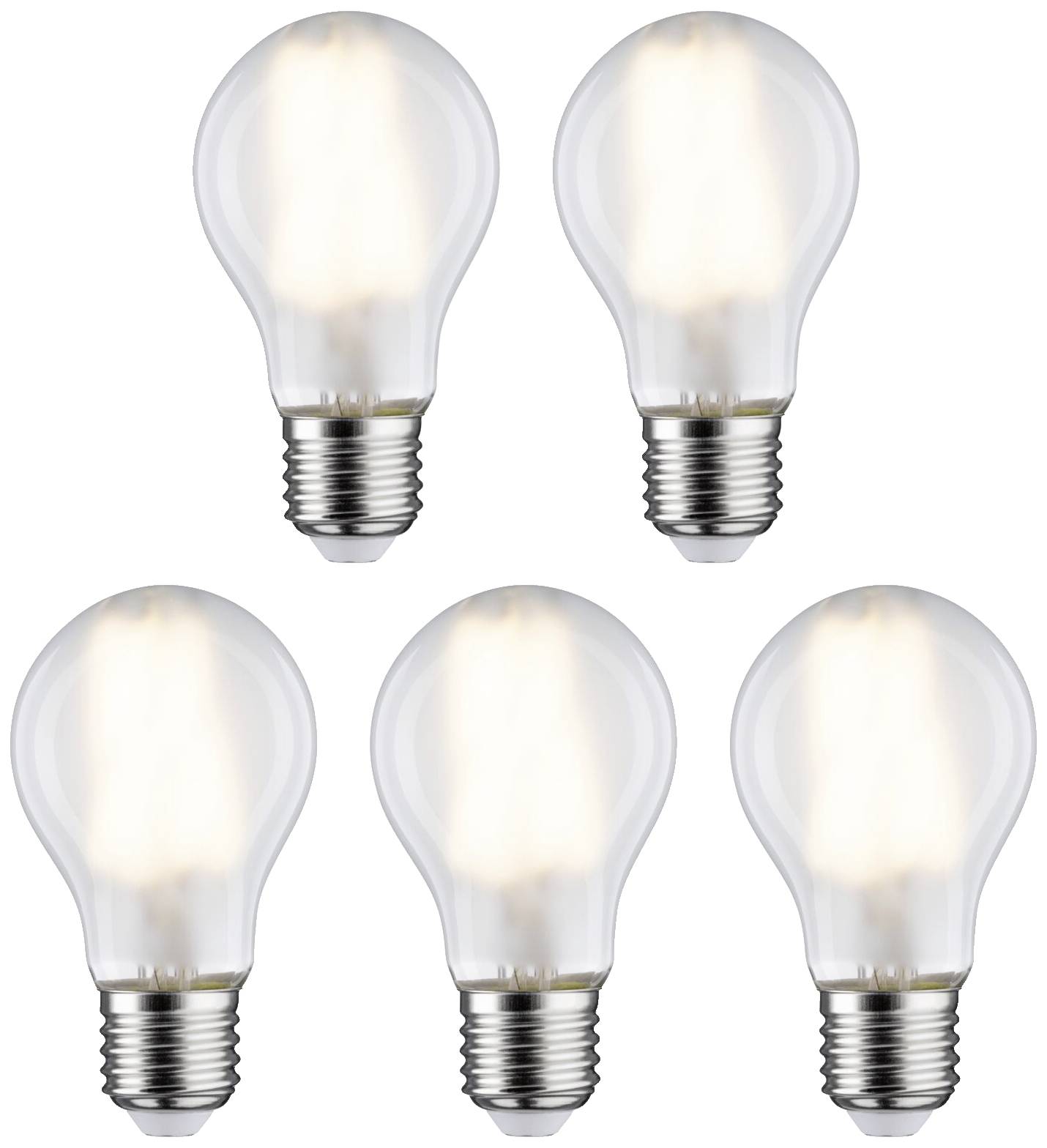 Fünf Glühbirnen in zwei Reihen angeordnet, strahlend und eingeschaltet, symbolisieren Beleuchtung oder Energieverbrauch.