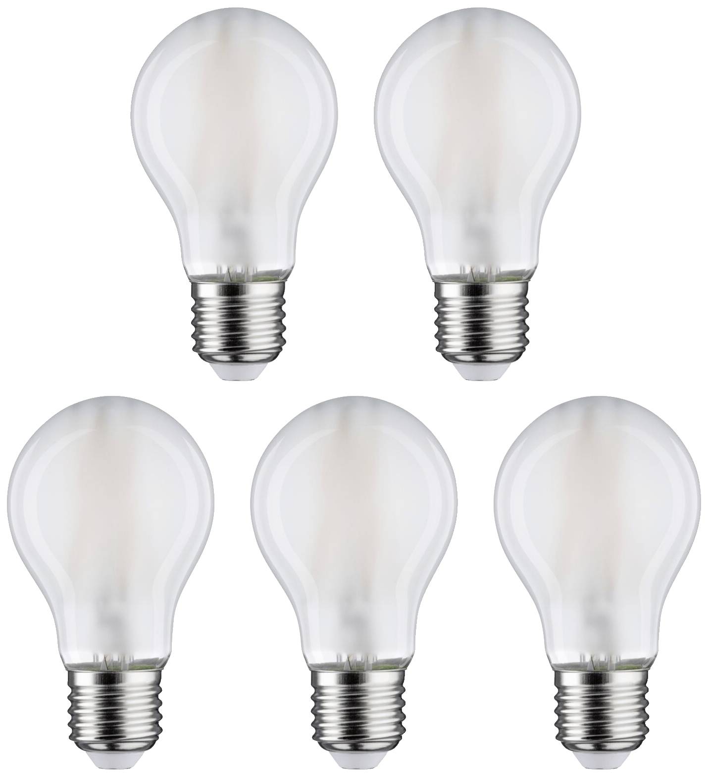 Fünf Glühbirnen in zwei Reihen, je drei oben und zwei unten. Sie sind identisch und unbeleuchtet.