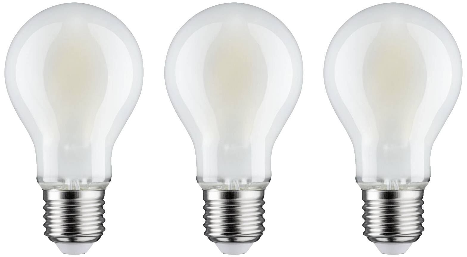 Drei identische Glühlampen nebeneinander, jeweils mit einem Schraubsockel.
