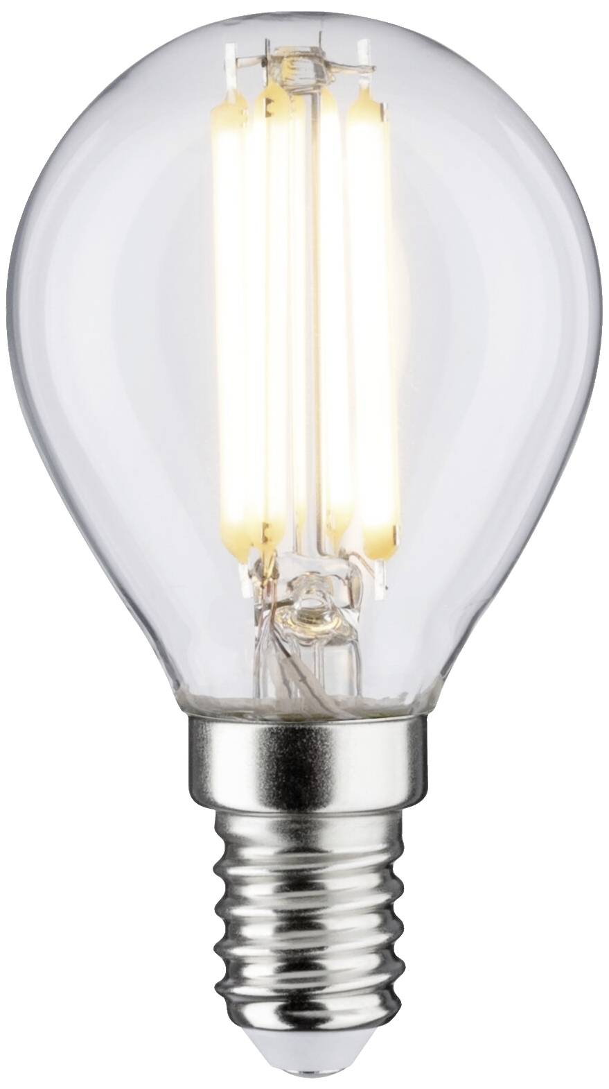 Eine LED-Glühbirne mit E14-Sockel, klares Glas und sichtbaren Filamenten, die ein warmes Licht ausstrahlt.