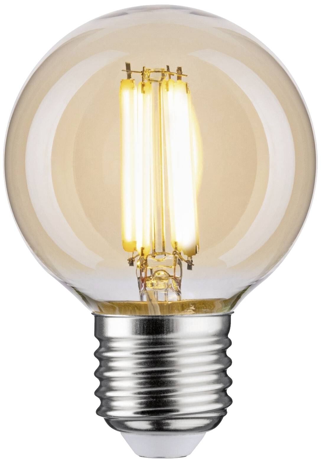 Eine eingeschaltete Glühbirne mit sichtbarem Filament und Metallfassung, die warmes Licht ausstrahlt.
