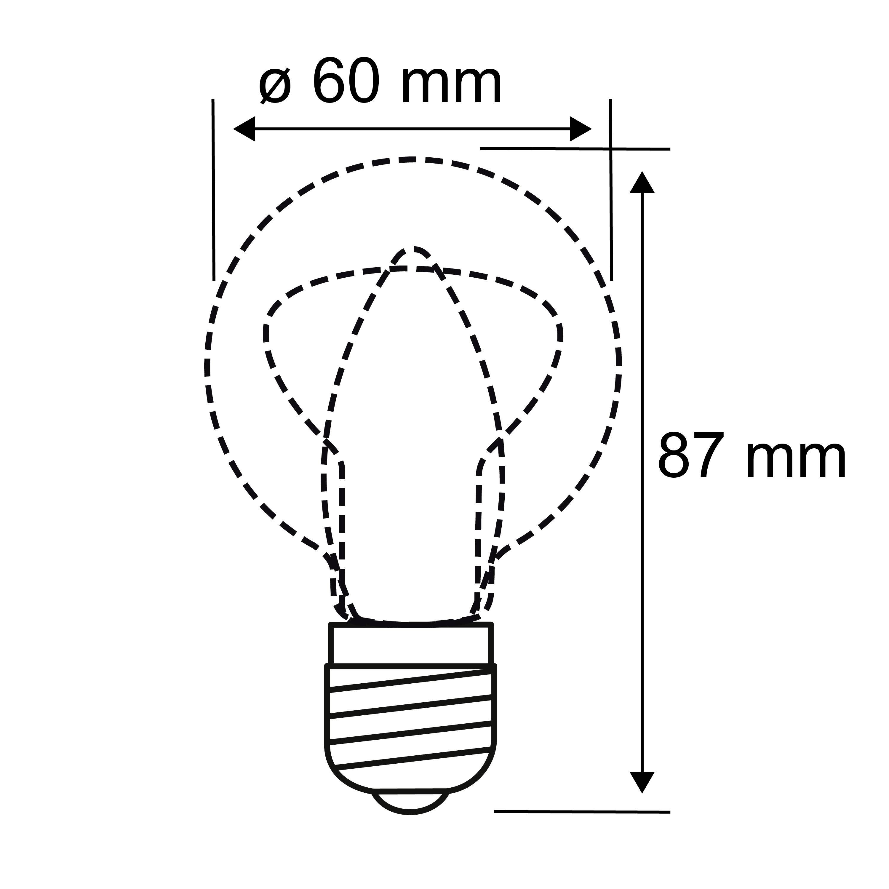 Abbildung einer Glühbirne mit den Maßen: Durchmesser 60 mm und Höhe 87 mm.