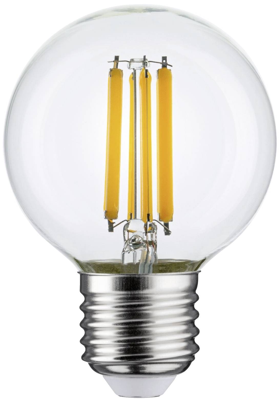 Eine Glühbirne mit sichtbaren Glühfäden, die auf LED-Technologie hinweisen, auf weißem Hintergrund.