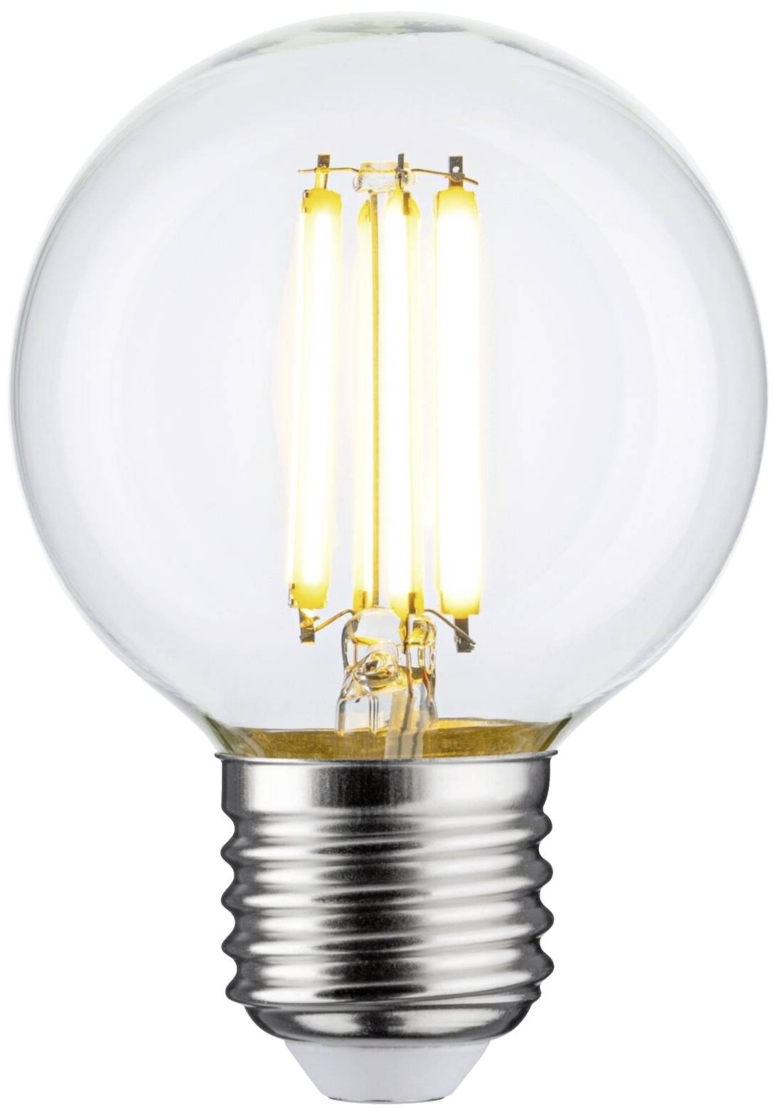 Eine LED-Glühbirne mit einem sichtbaren, leuchtenden Filament stilisiert das Aussehen klassischer Glühbirnen.