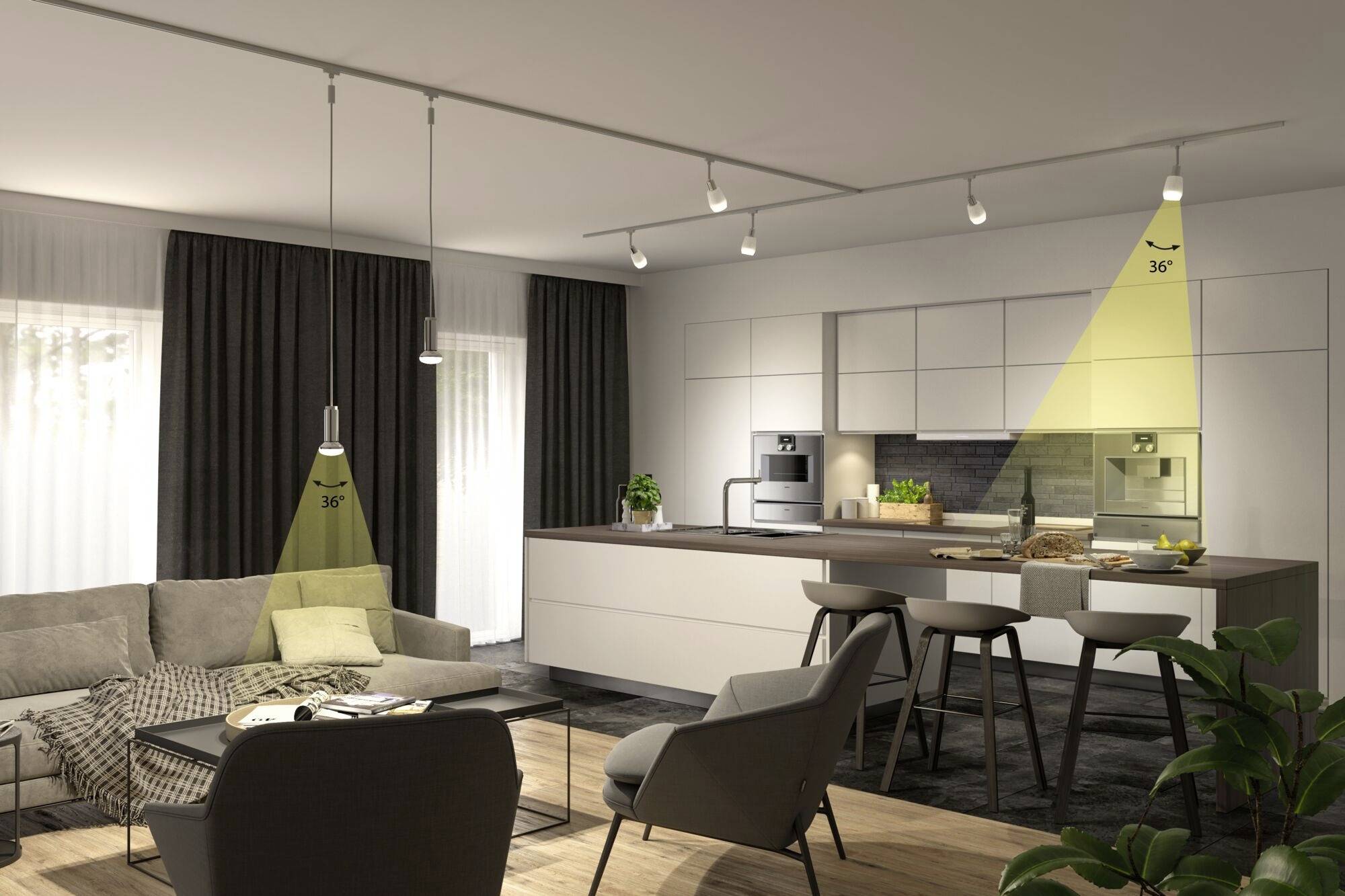 Moderne Küche mit angrenzendem Wohnzimmer. Spotlichter beleuchten Ess- und Wohnbereich. Grau-weiße Möbel, offenes Raumkonzept.