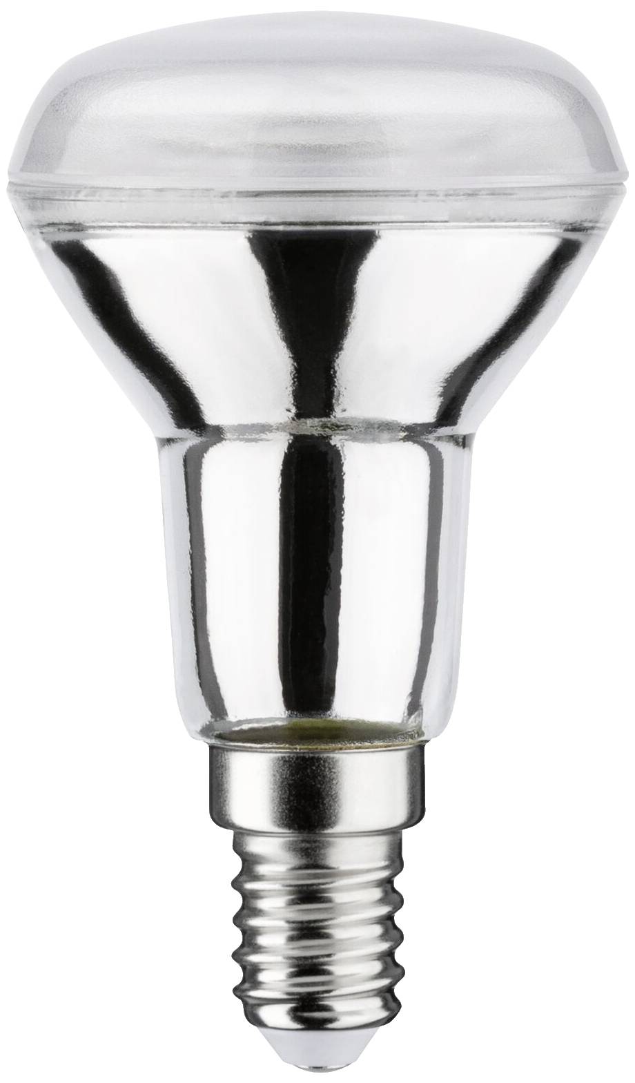 Silberfarbene Glühbirne mit Schraubfassung, reflektierende Oberfläche.