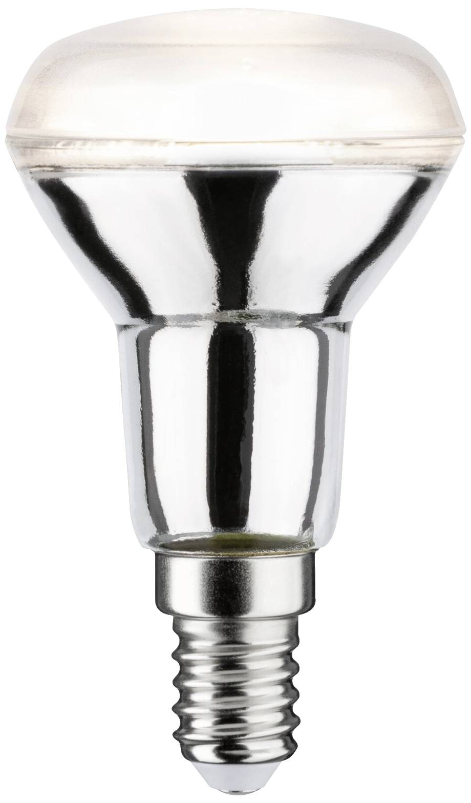 Glühbirne mit verspiegeltem Kopf und Schraubsockel, geeignet für Lampen mit kleinem Sockel. Glatte, reflektierende Oberfläche.