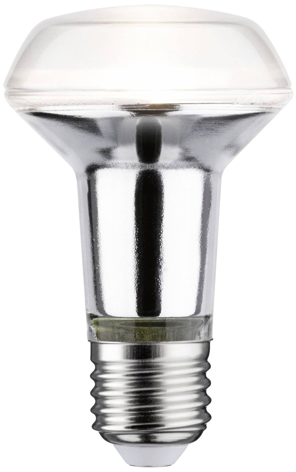 Eine silberne LED-Glühbirne mit breitem, mattem Kopf und E27-Sockel. Sie eignet sich für energiesparende Beleuchtung.