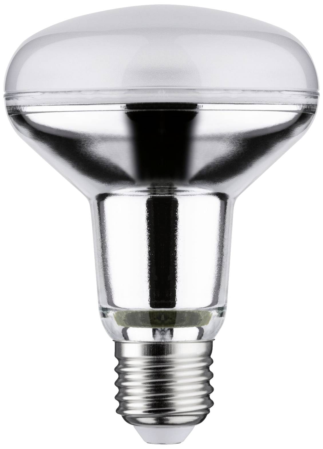 Glänzende LED-Glühbirne mit E27-Sockel, geeignet für energiesparende Beleuchtung, isoliert vor weißem Hintergrund.