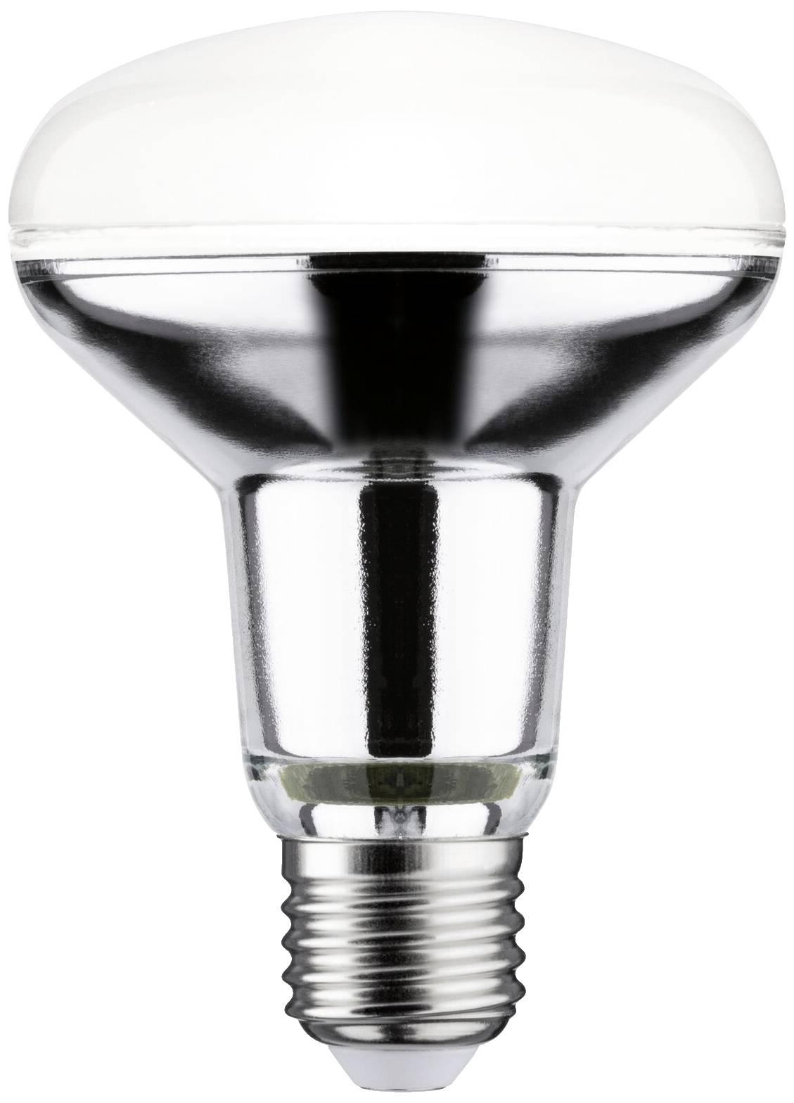 Glühlampe in Silber und Weiß, Reflektorform mit Schraubsockel, geeignet für gerichtete Beleuchtung.