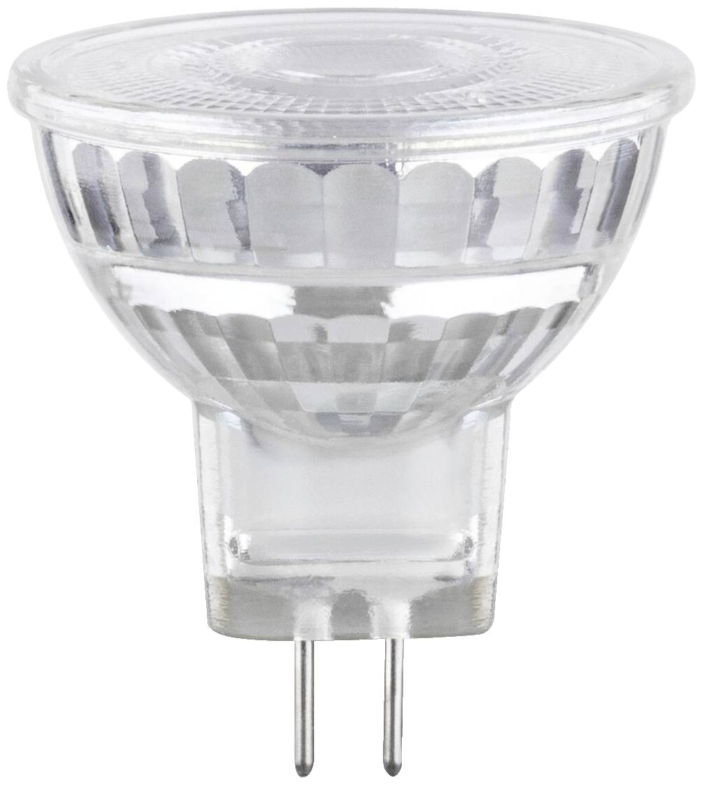 Eine klare LED-Lampe in MR16-Form mit GU5.3-Stiftsockel, typisch für Spotbeleuchtung, auf weißem Hintergrund.