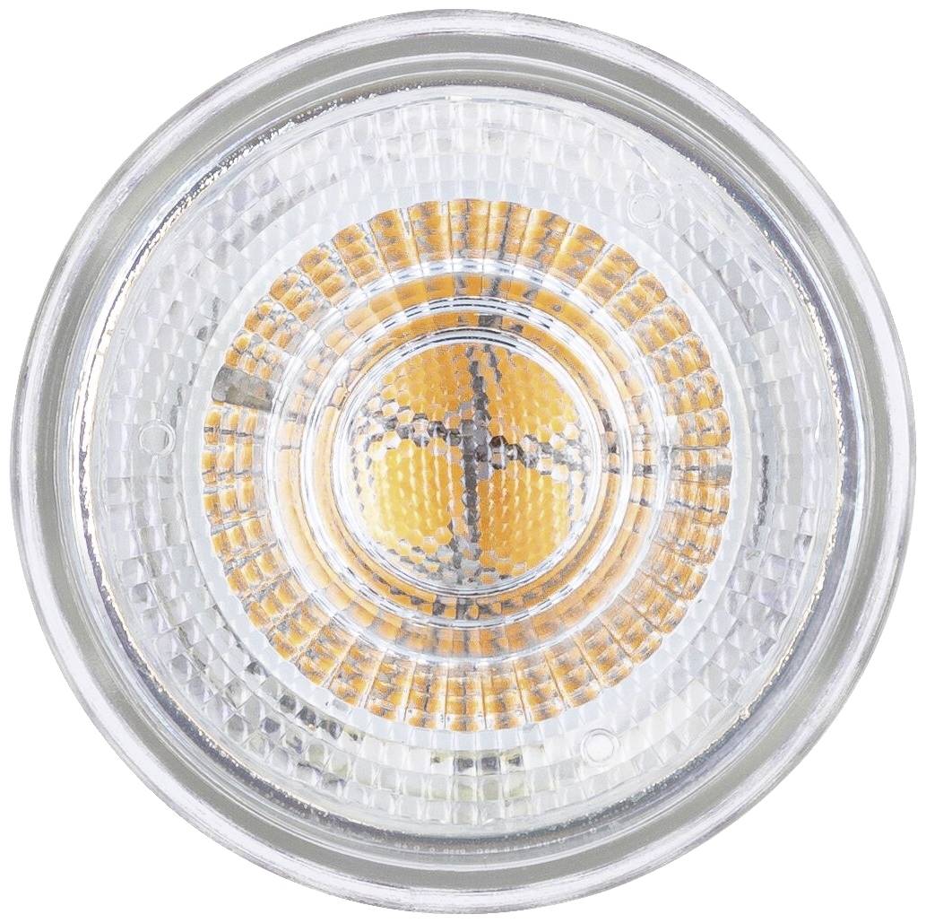 Ein LED-Licht in Nahaufnahme, das konzentrische, orangefarbene Muster im Inneren zeigt.