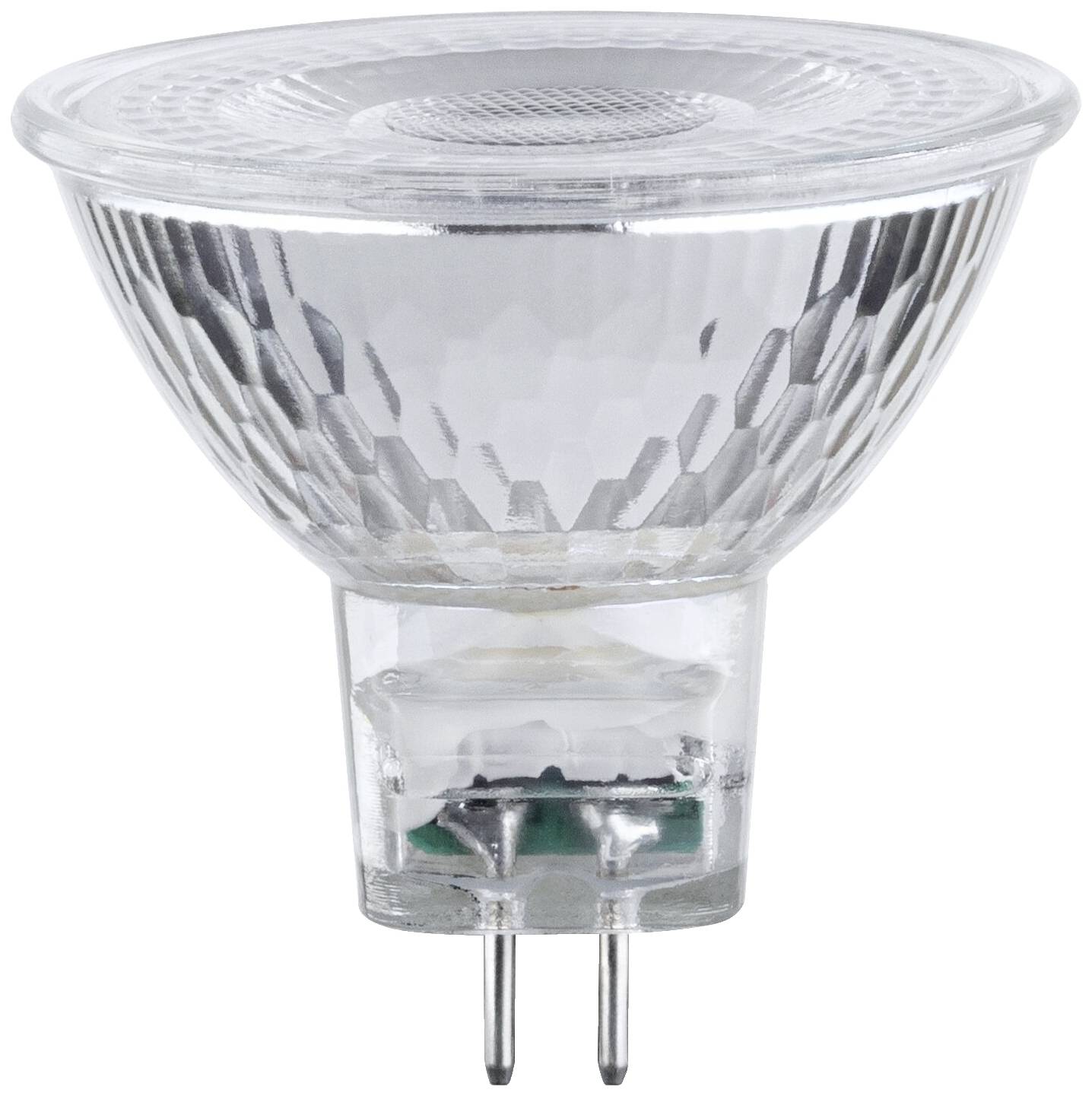 Eine Halogen-Glühlampe mit einem klaren Glasgehäuse und zwei Pin-Anschlüssen. Geeignet für Punktbeleuchtung in Wohnräumen.