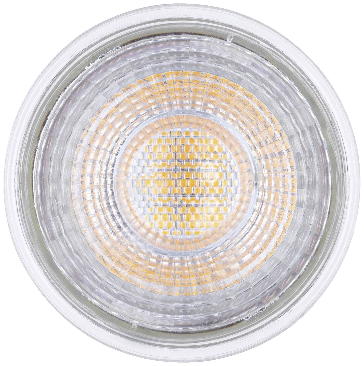Eine Nahaufnahme einer runden LED-Leuchte mit einem gelb-orangen Leuchtring in der Mitte. Diese strahlt helles, klares Licht aus.