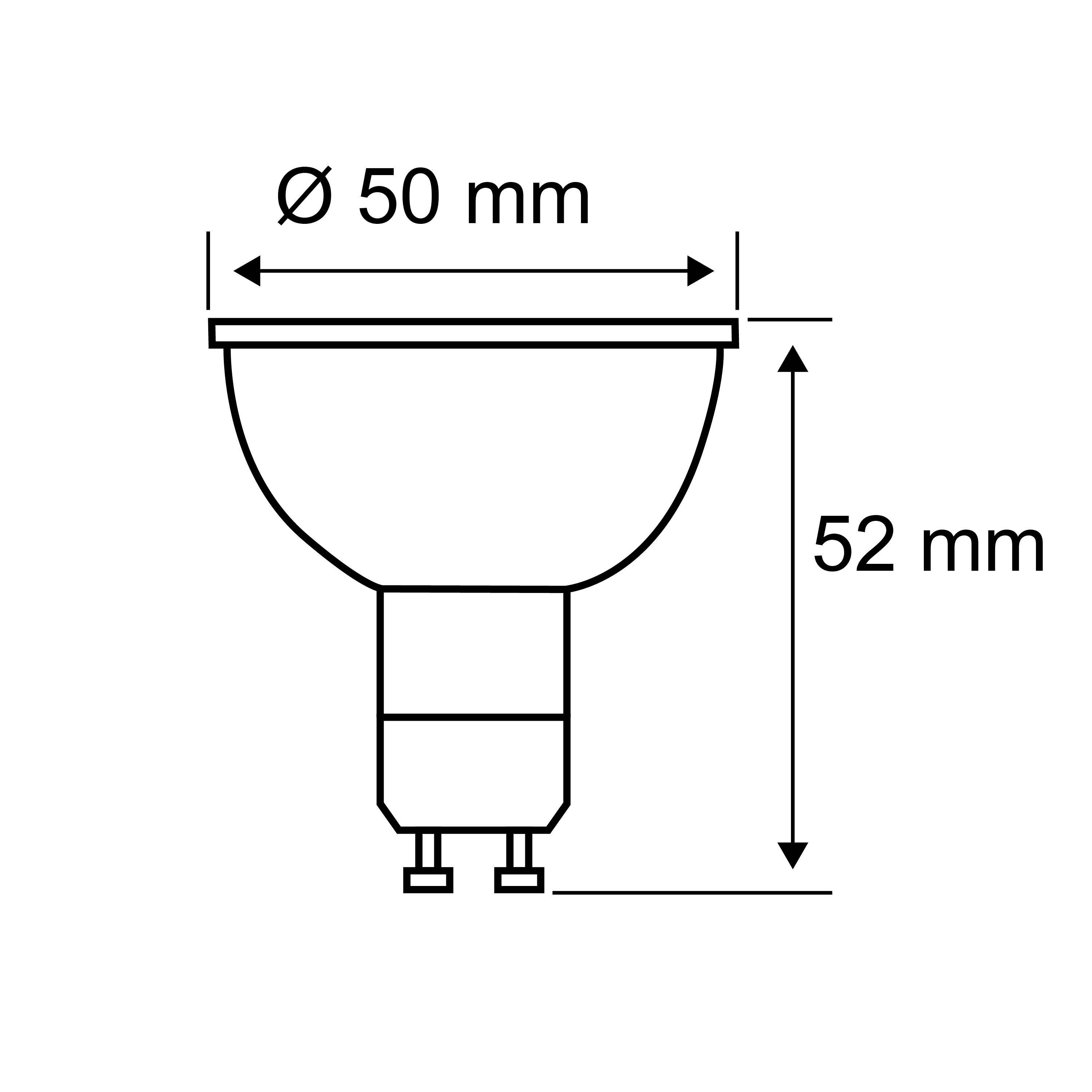 Schwarz-weiße technische Zeichnung einer Glühbirne mit Maßen: Durchmesser 50 mm, Höhe 52 mm. Zeigt Seitenansicht und Basis.