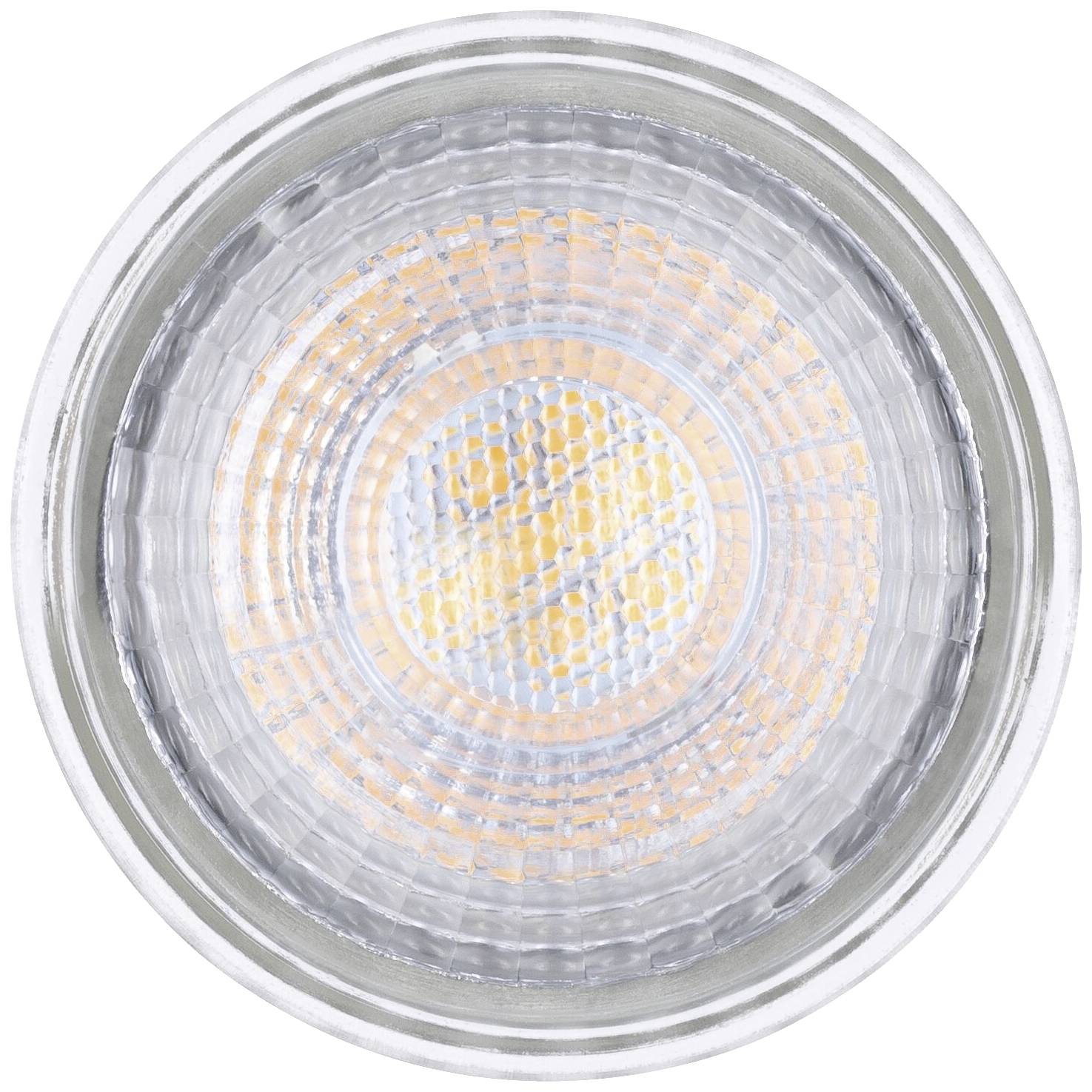 Eine LED-Lampe von oben betrachtet, zeigt das hell leuchtende, kreisförmige Muster des Glühfadens und der Reflektorstruktur.